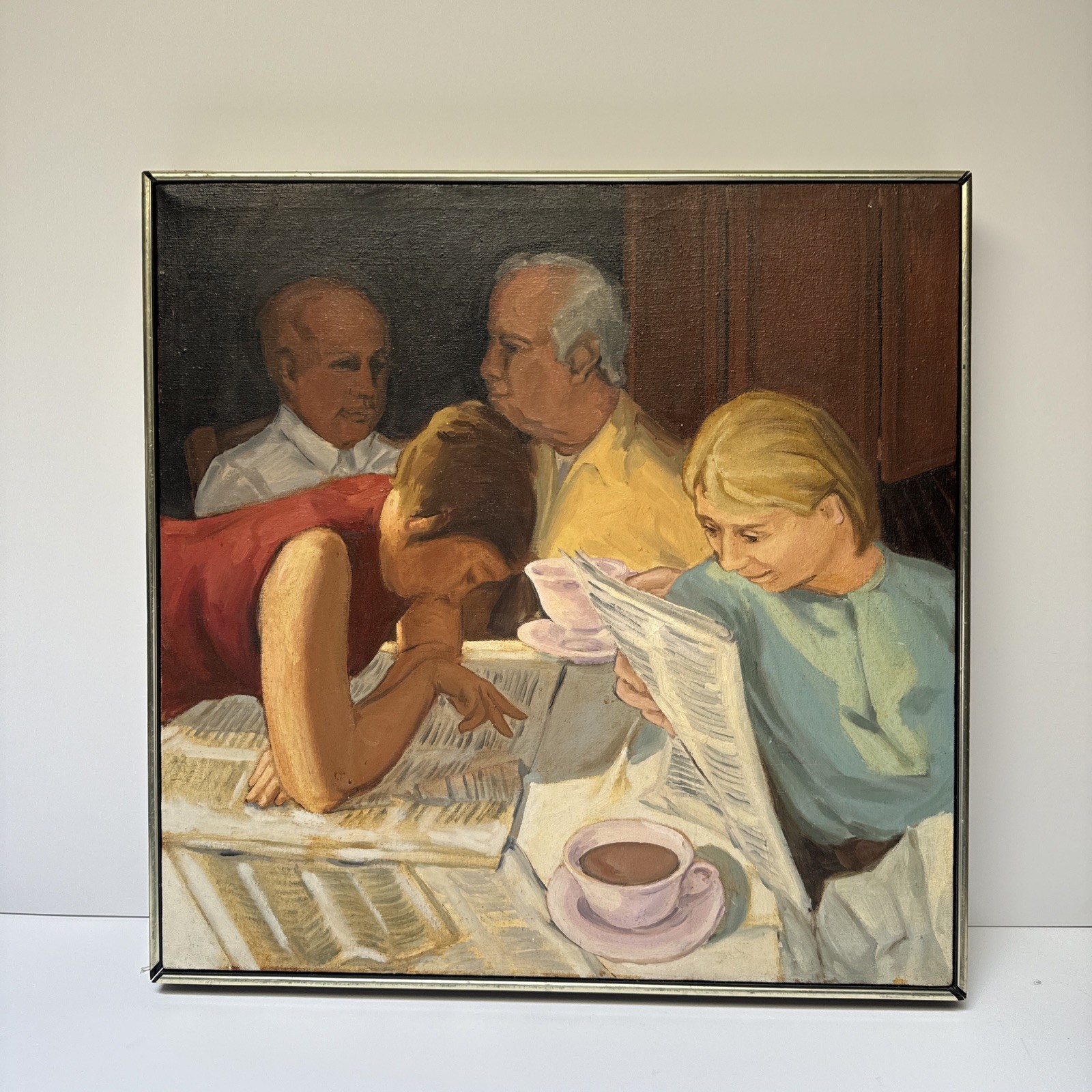 Social Realism Painting Reading The Times Newspaper Cafe Restaurant People Oil