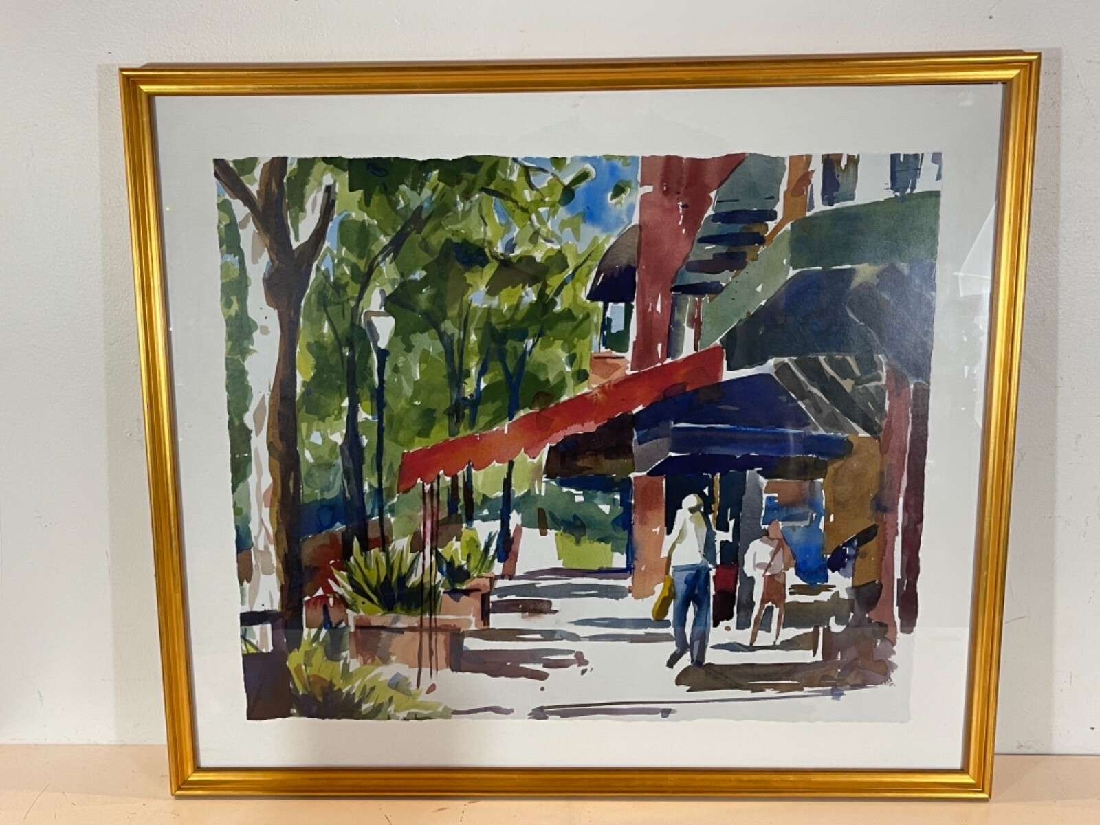 Vintage Abstract Street Scene Watercolor on Paper Framed
