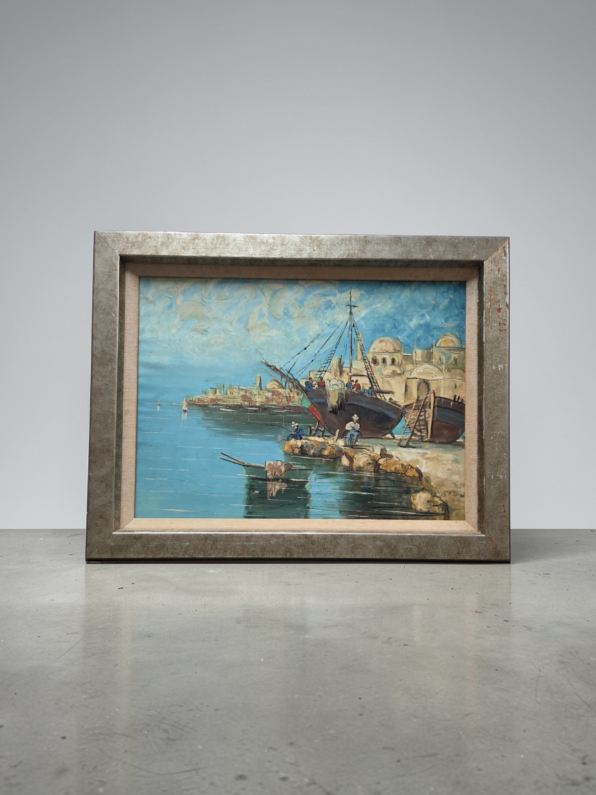 Oil Painting Vintage Original C. 1939 Impressionist Italy Bay Scene Frame16×20in