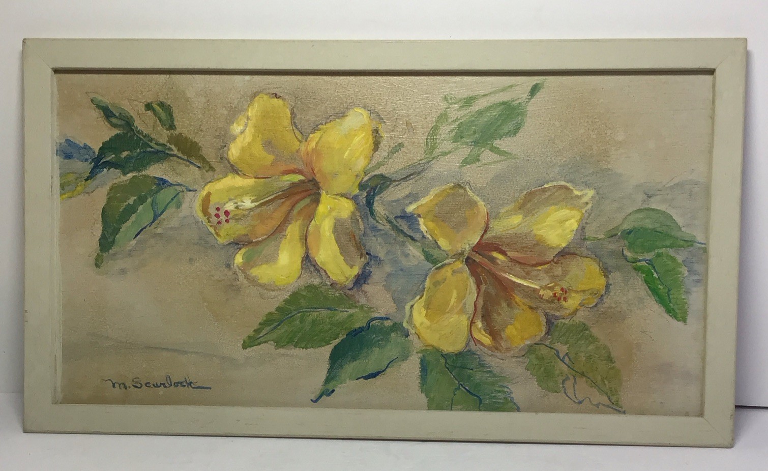 Martha Scurlock Framed Acrylic On Wood Painting 15” X 8” Yellow Hibiscus Signed