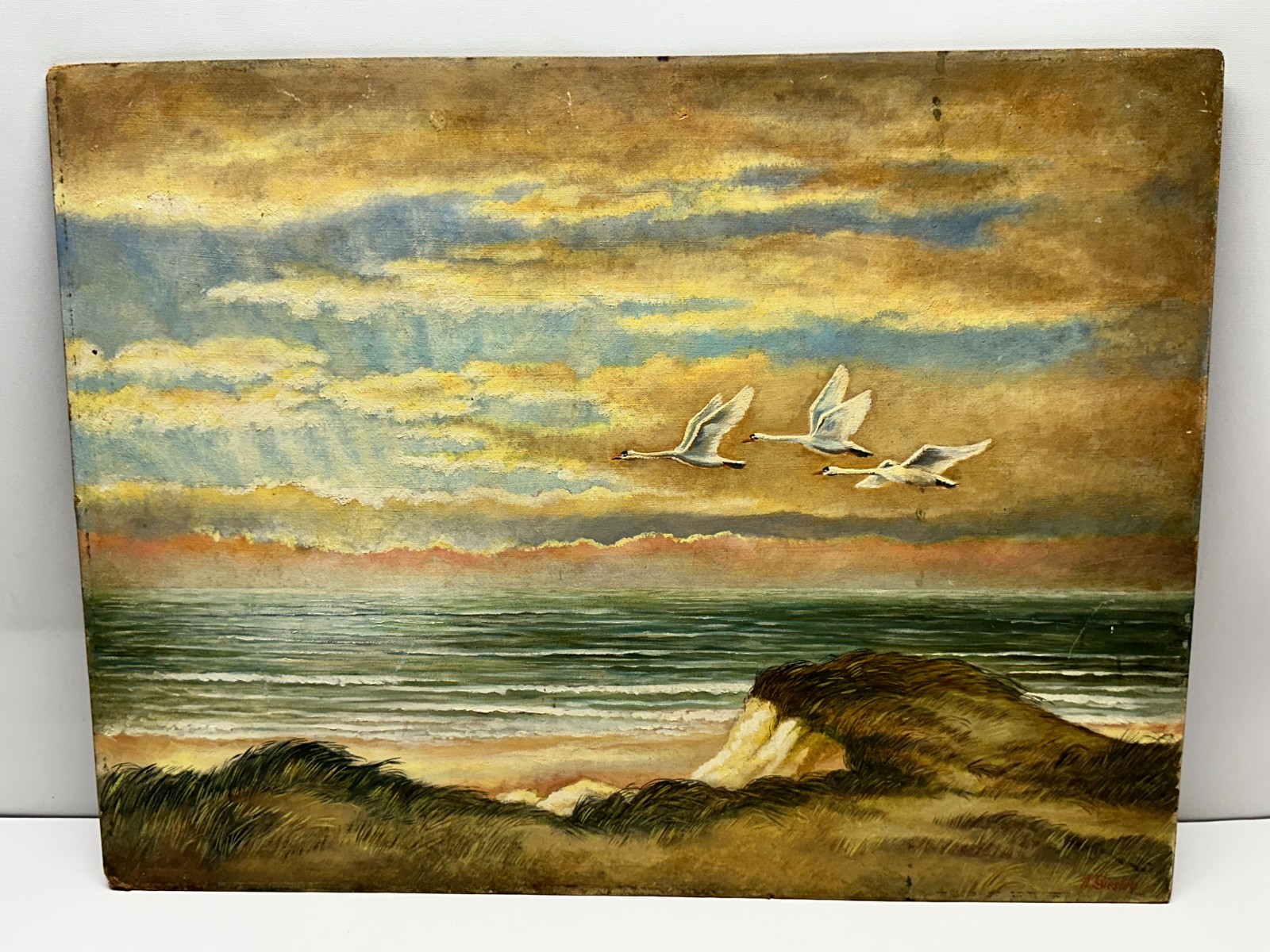Original Antique Painting – Oil on Board – Signed Giesler – Geese Coastal Beach
