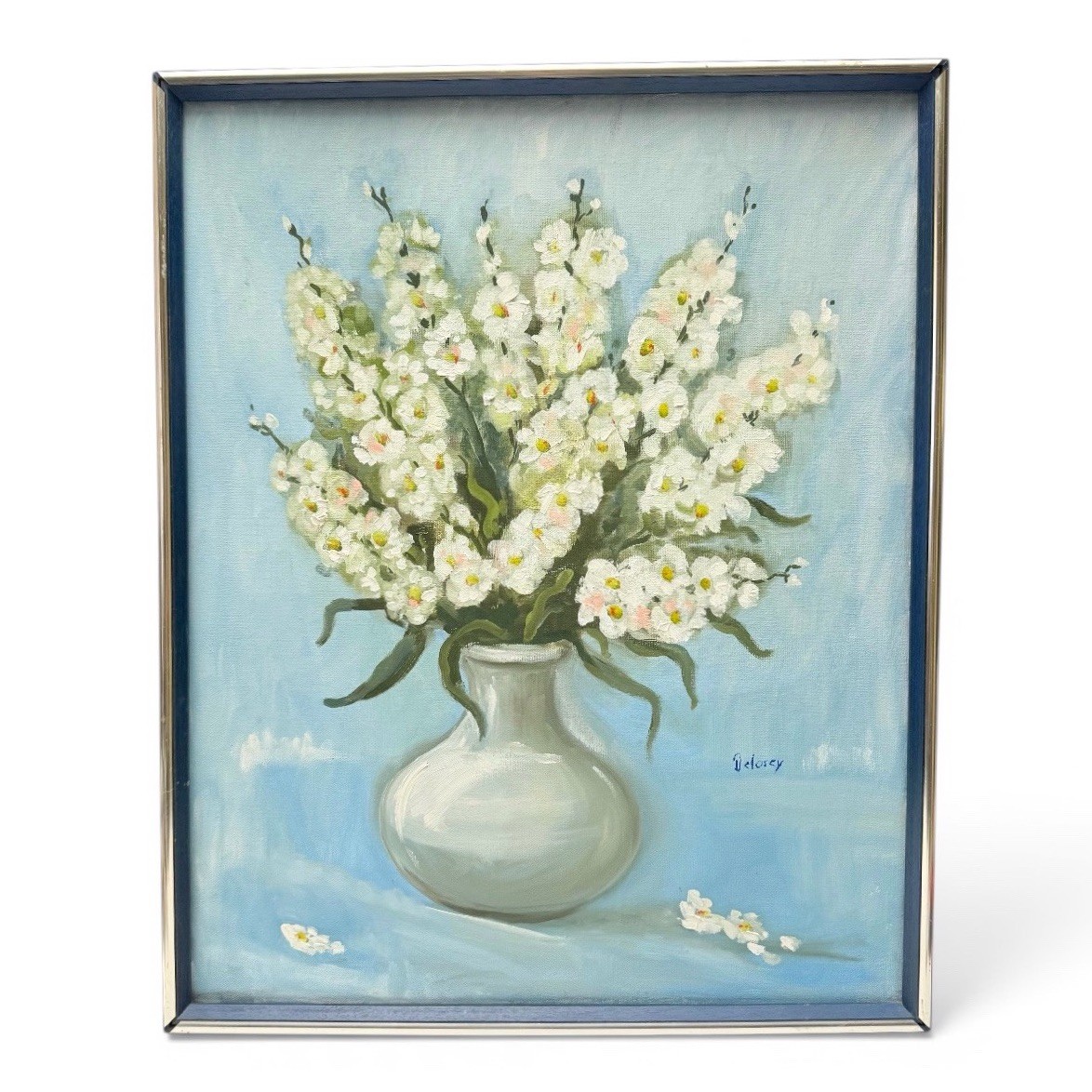 Vintage Original Signed Still Life Flowers in Vase Painting 16×20 Blue Framed