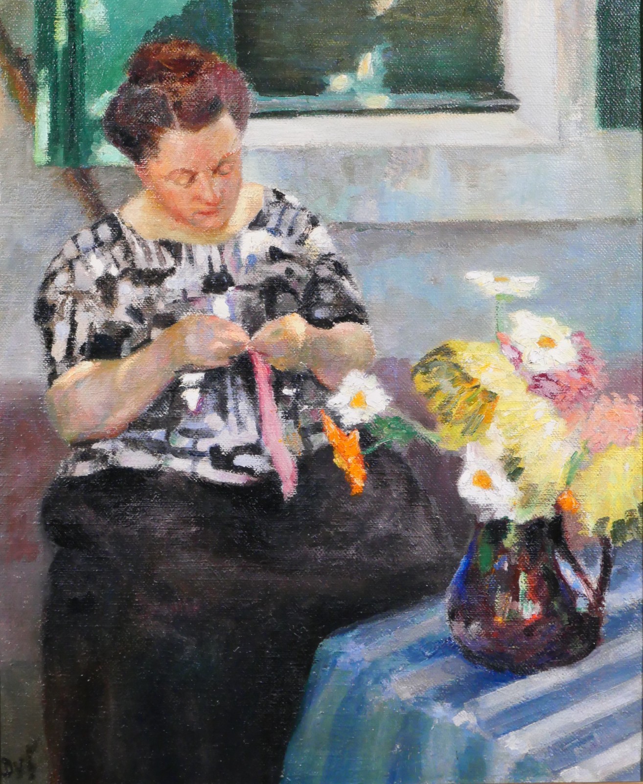 Painting Antique Macel Dyf Woman Flowers Still Life Sewing post-Impressionism