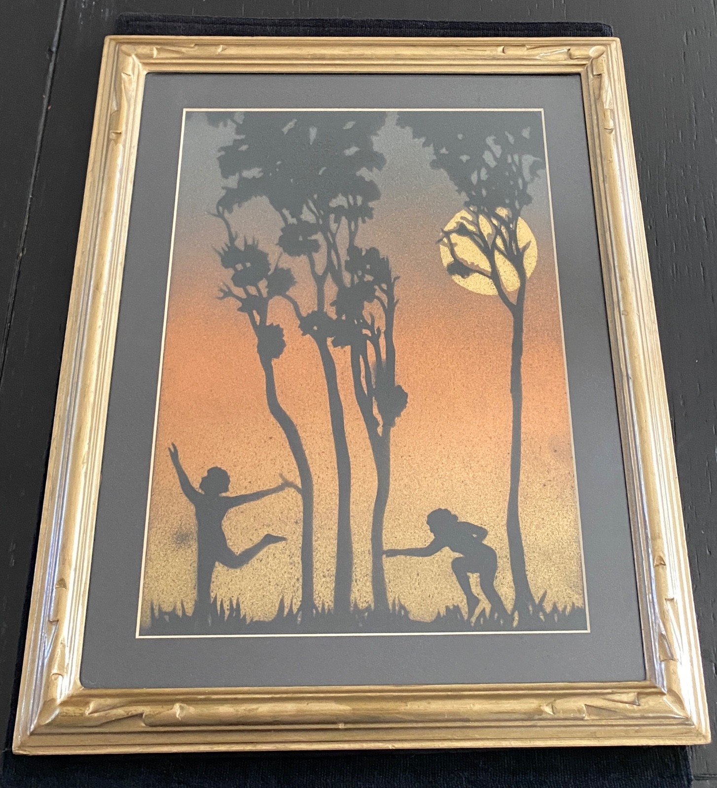 VTG Framed Art Reverse Paint Silhouette Figures Sunset Scene Trees Moon