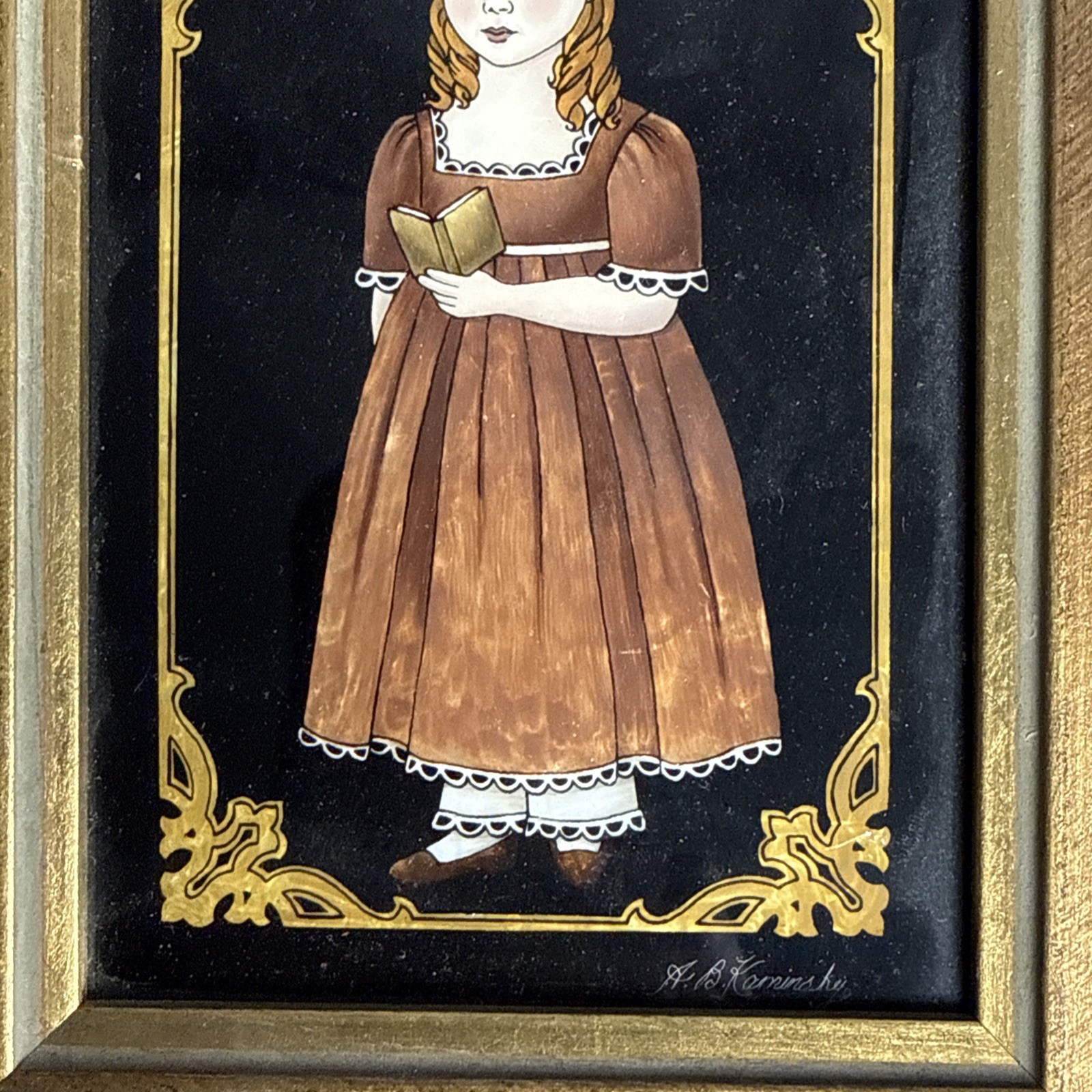 Set If 2 Vintage Reverse Glass Paintings By A B Kaminsky Boy & Girl 8” x 6”