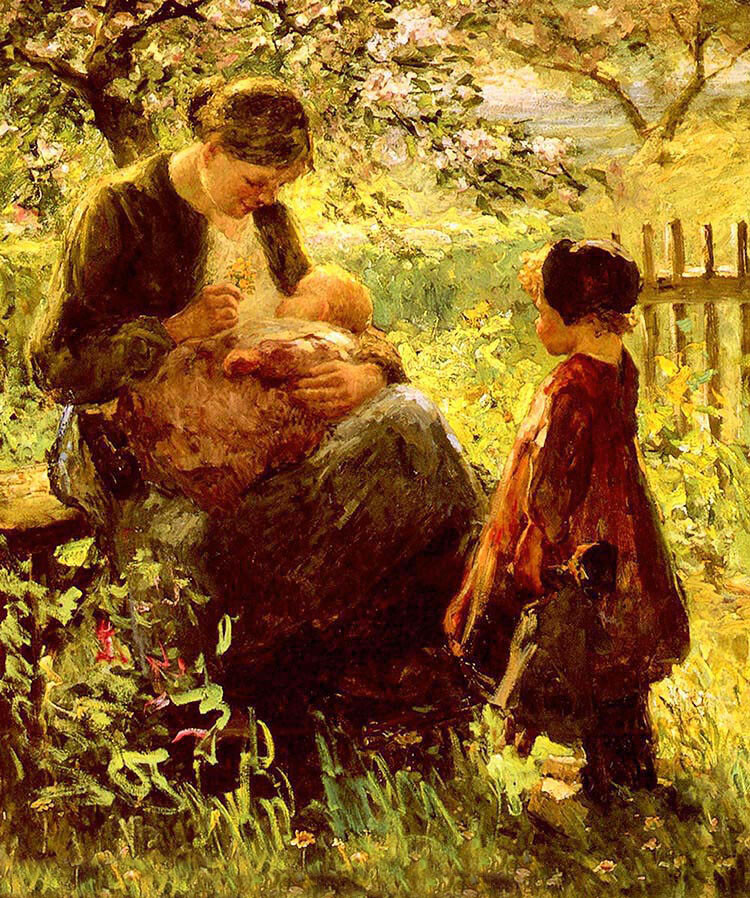 Oil painting Evert Pieters – in the orchard young mother & baby child in garden