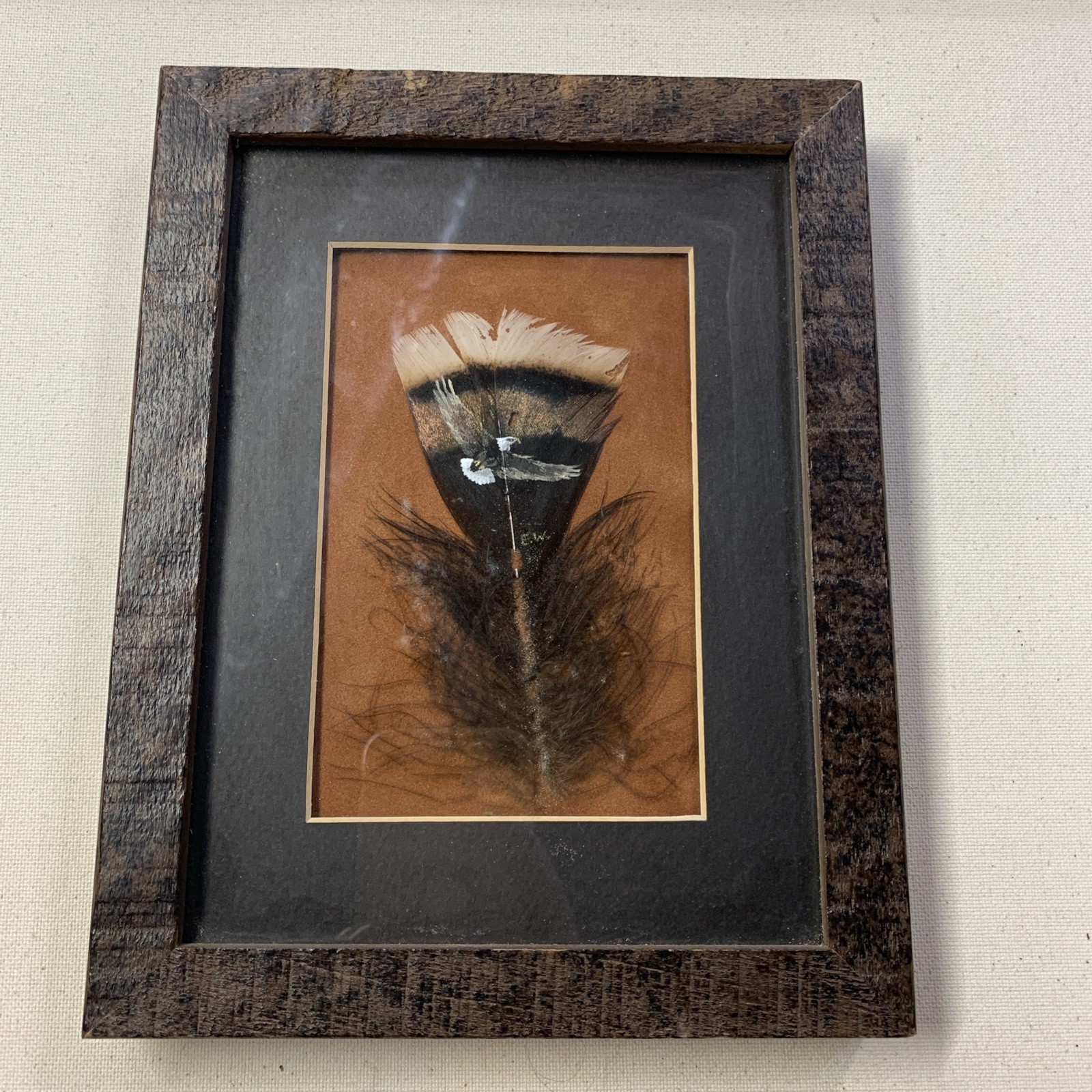 Eagle Feather Framed Picture Wall Art Rustic Handpainted Mancave Decor