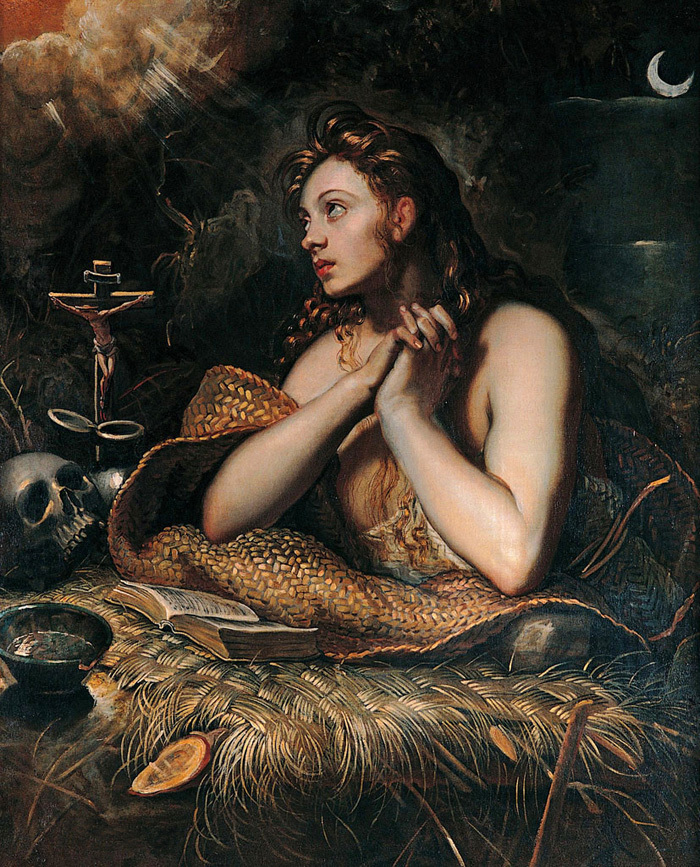 Huge art Oil painting young beautiful woman Penitent Mary Magdalene in landscape