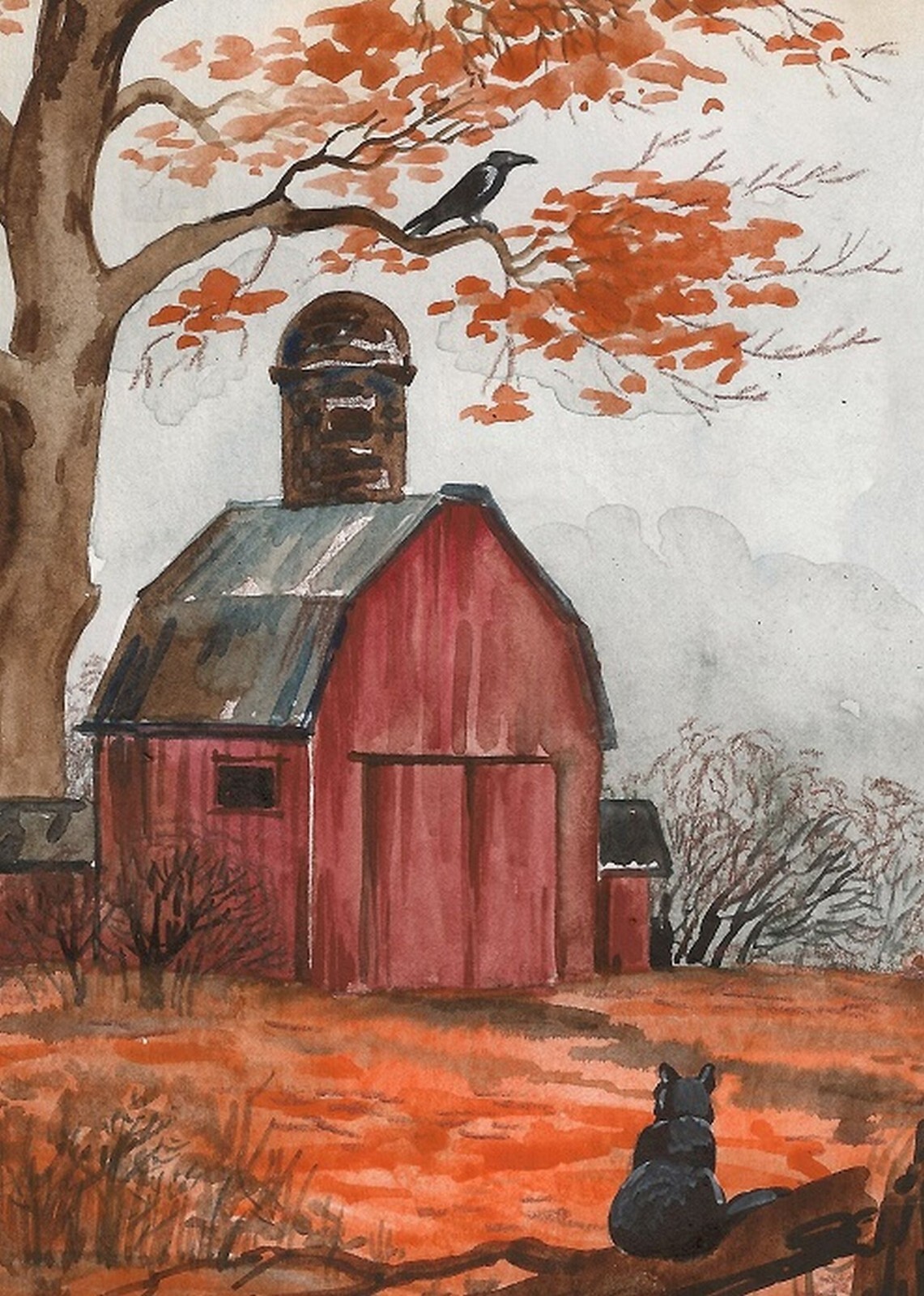 ACEO PRINT OF PAINTING VINTAGE HALLOWEEN STYLE ART RYTA CROW BLACK CAT RED BARN