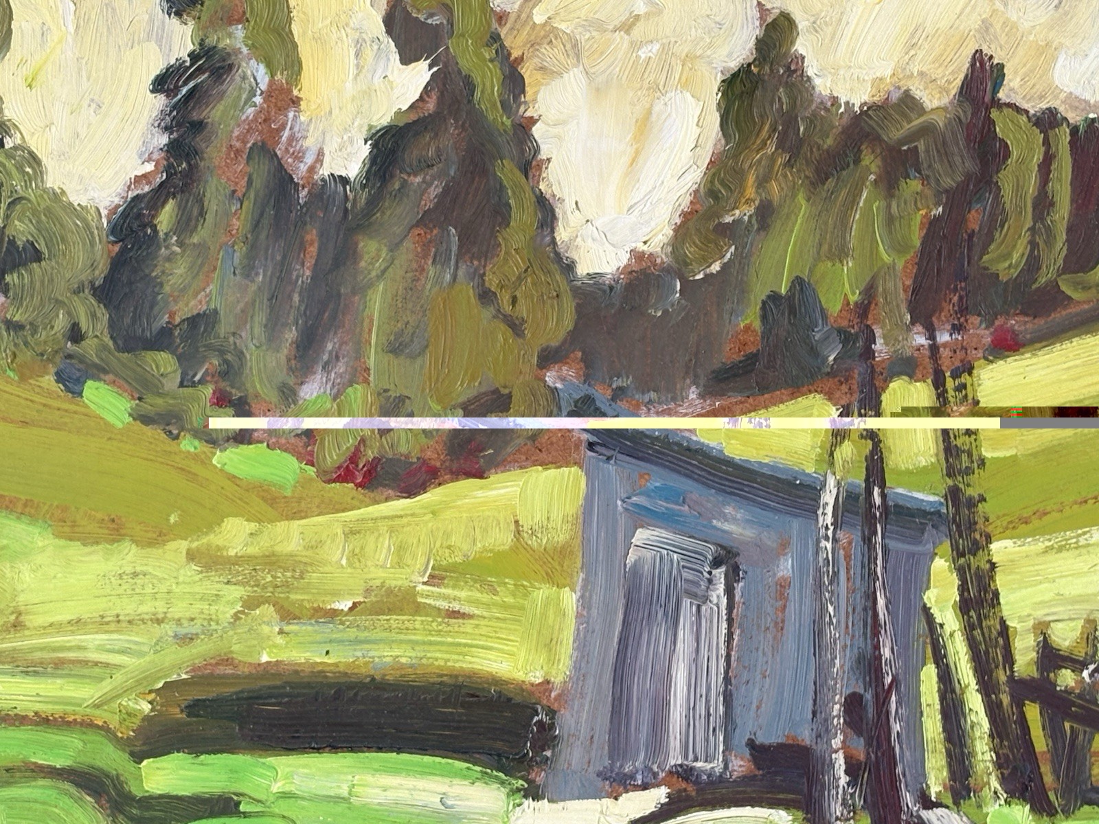 Tableau Bruno Cote, ( 1940-2010 ). Huile sur panneau signée, 12×16 pouces.