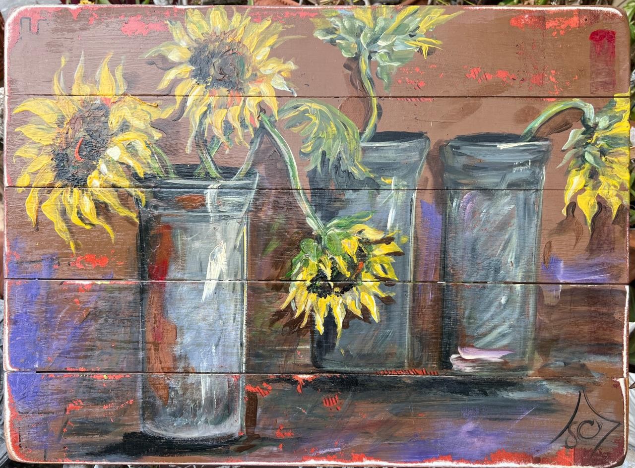 Artist Signed JO Floral Still Life Landscape Oil Painting Sunflowers Flowers Art
