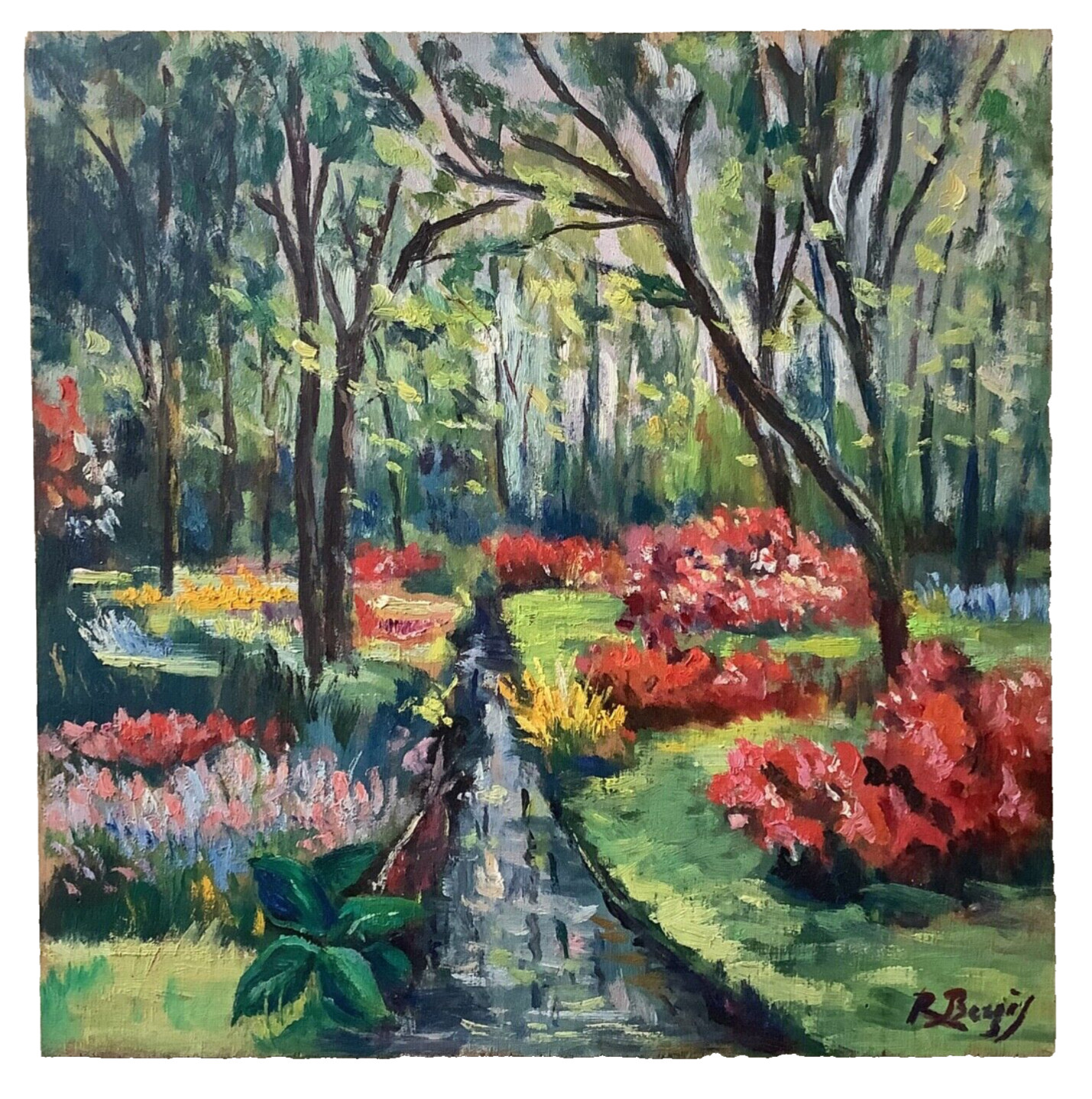 French PostImpressionist Landscape Garden Keukenhof Flowers Tulips Oil Painting