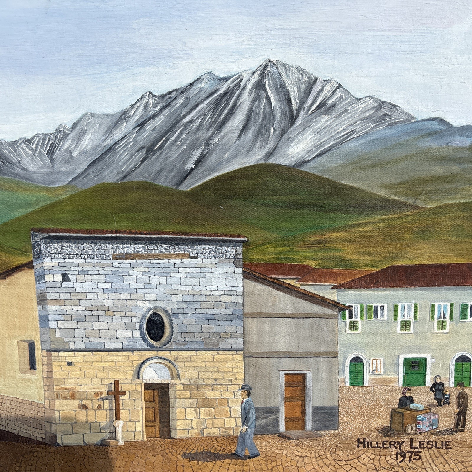 Vintage Oil Panting Canvas Onna Italy Small Town Landscape 30×26” 1975 Church