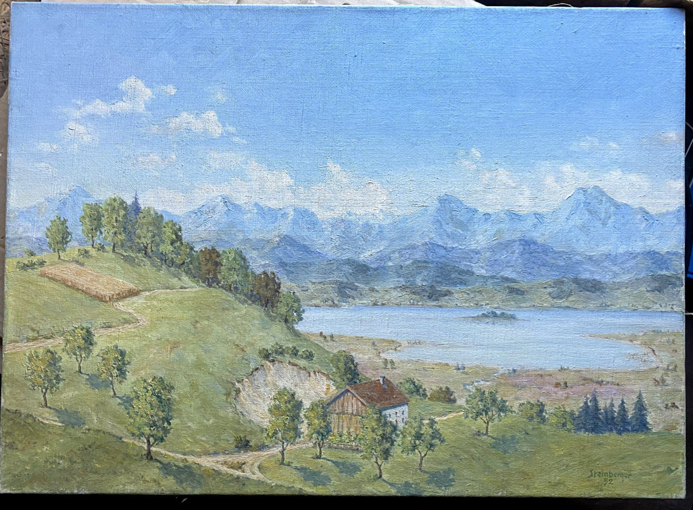 Oil Painting Landscape Verso Prof. Steinberger Alps Antique Nature Mountains Sky