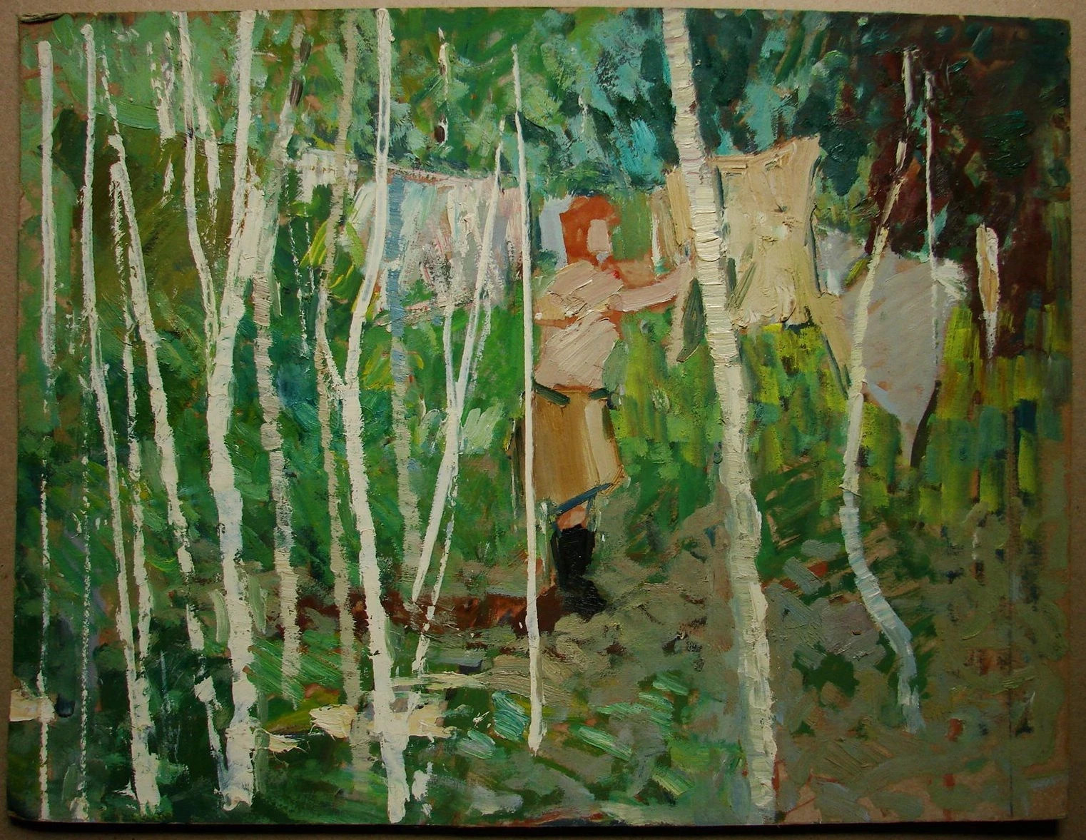 Ukrainian Soviet USSR Oil Painting Impressionism woman figure washing birch tree