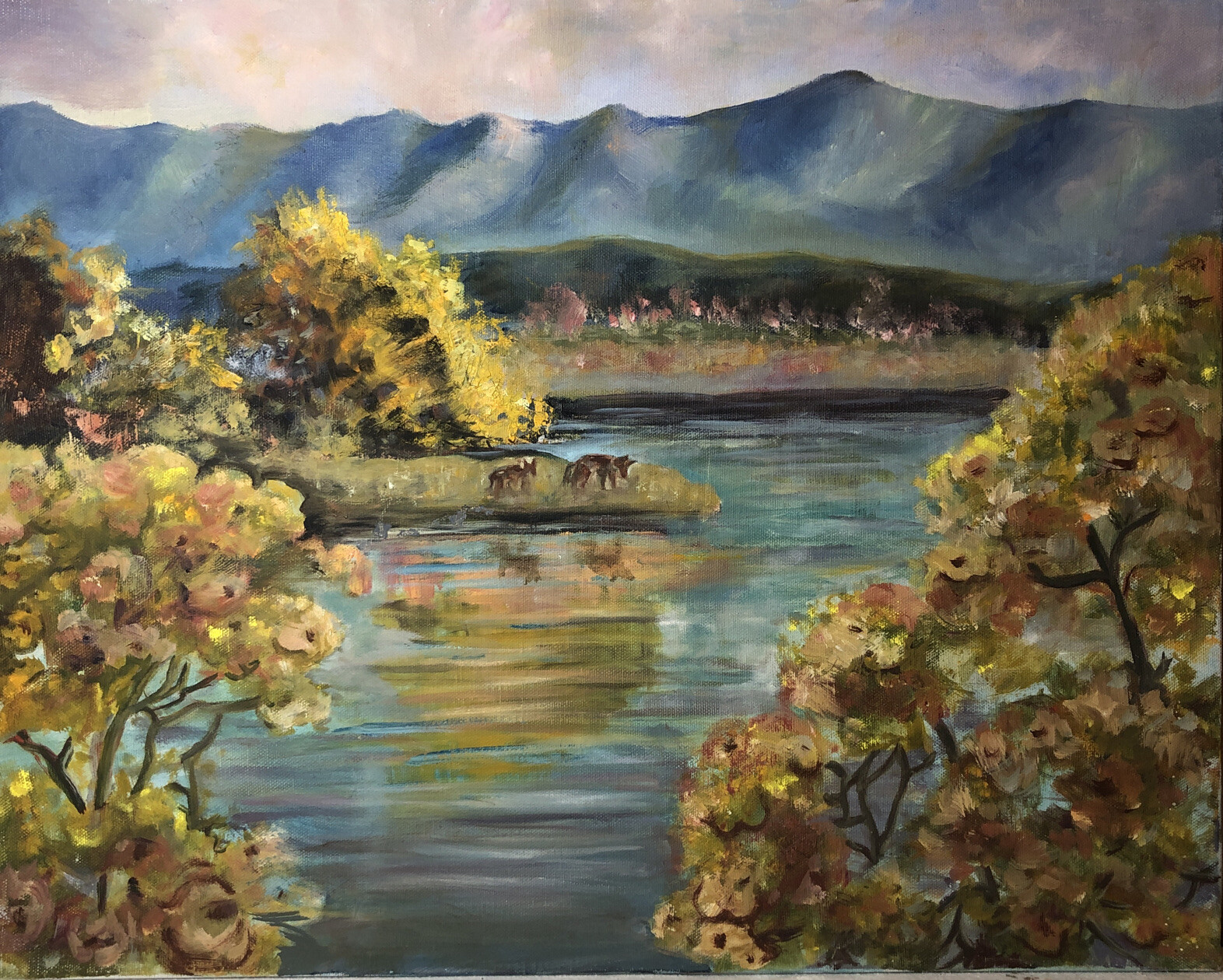 Original Art Oil Painting Landscape 1970s JOAN PERRY (1928-2019) 20” W x 16” H
