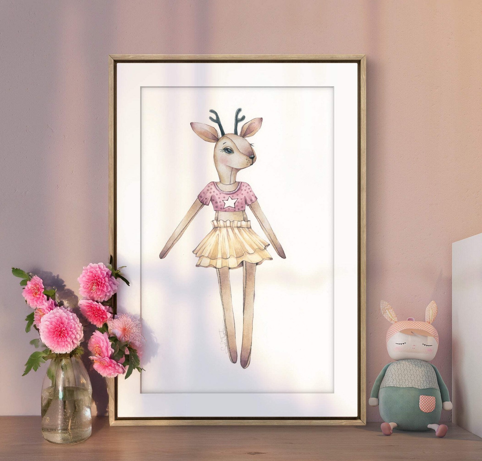 Original Watercolor Baby Deer Plush 10×15 Painting Unique Artwork Wall Art