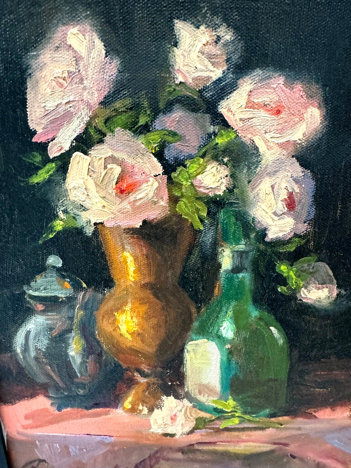 SIGNED ORIGINAL VINTAGE IMPRESSIONIST O/C, 9″X12″ SIGHT, WOOD AND LINEN FRAME