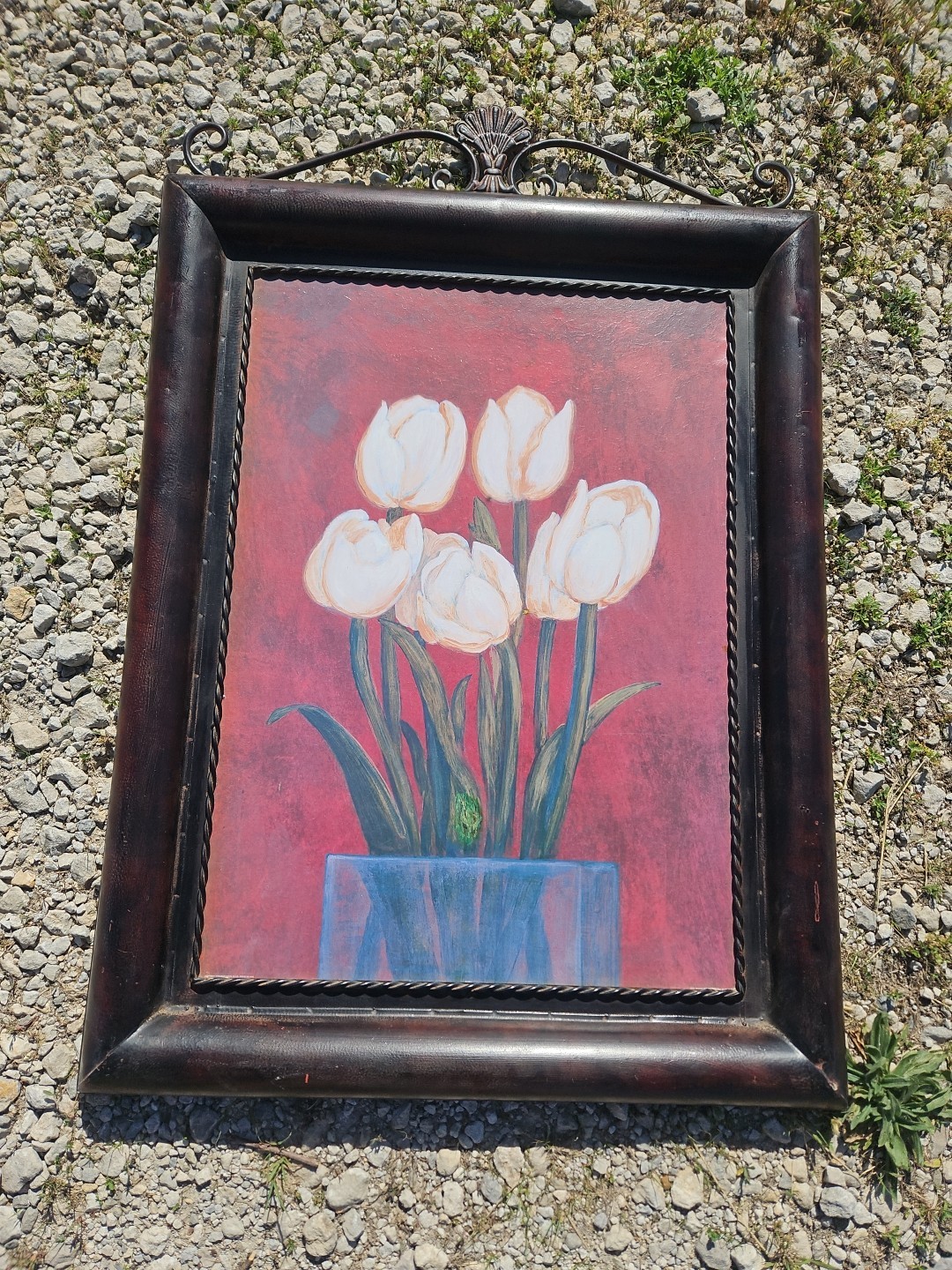 Heavy Duty 18 Lb Painting of White Tulips in a Gray Vase On Iron Plaque.