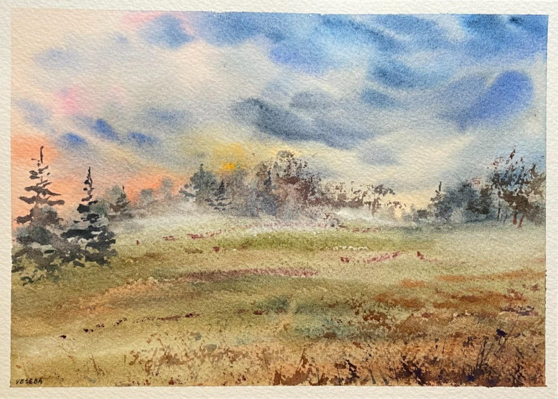 Original Watercolor Abstract Painting Nature Landscape Fog – 5×7 inches