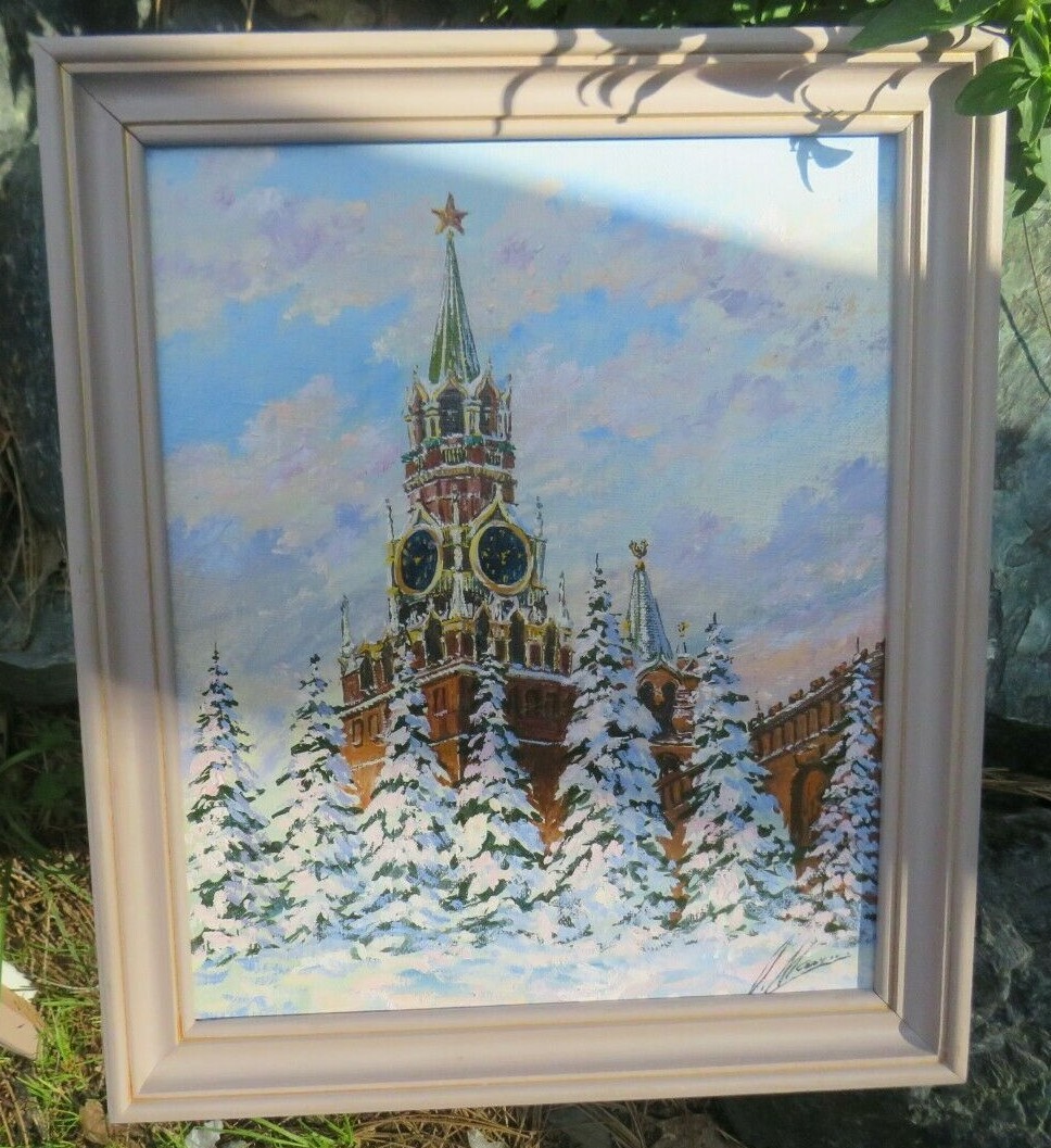 OIL ON CANVAS PAINTING OF SPASSKAYA CLOCK TOWER IN MOSCOW IN WINTER