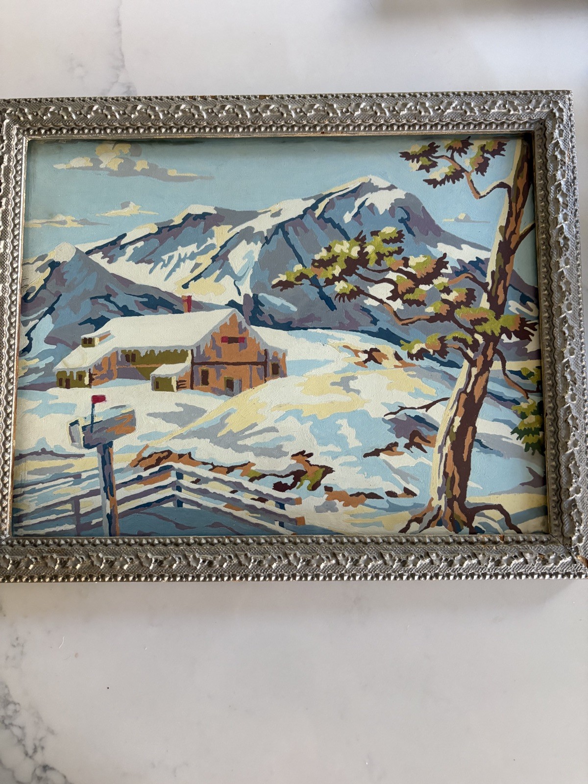 Vintage 16″x12” Paint By Number Framed Mountain Snow Scene