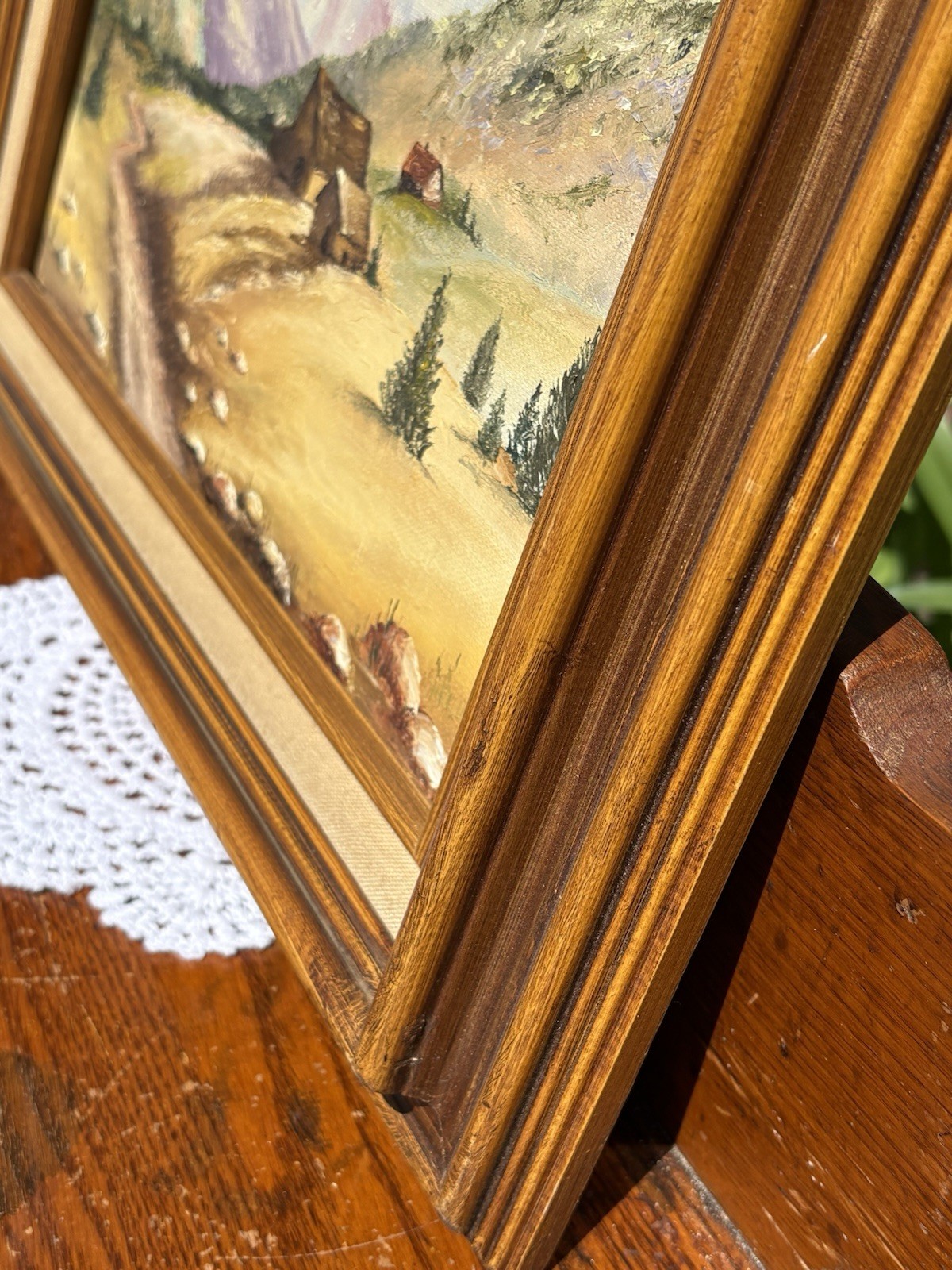 Vtg Mountain Landscape Oil Painting Rustic Cabin Decor Wood Frame Linen Lined