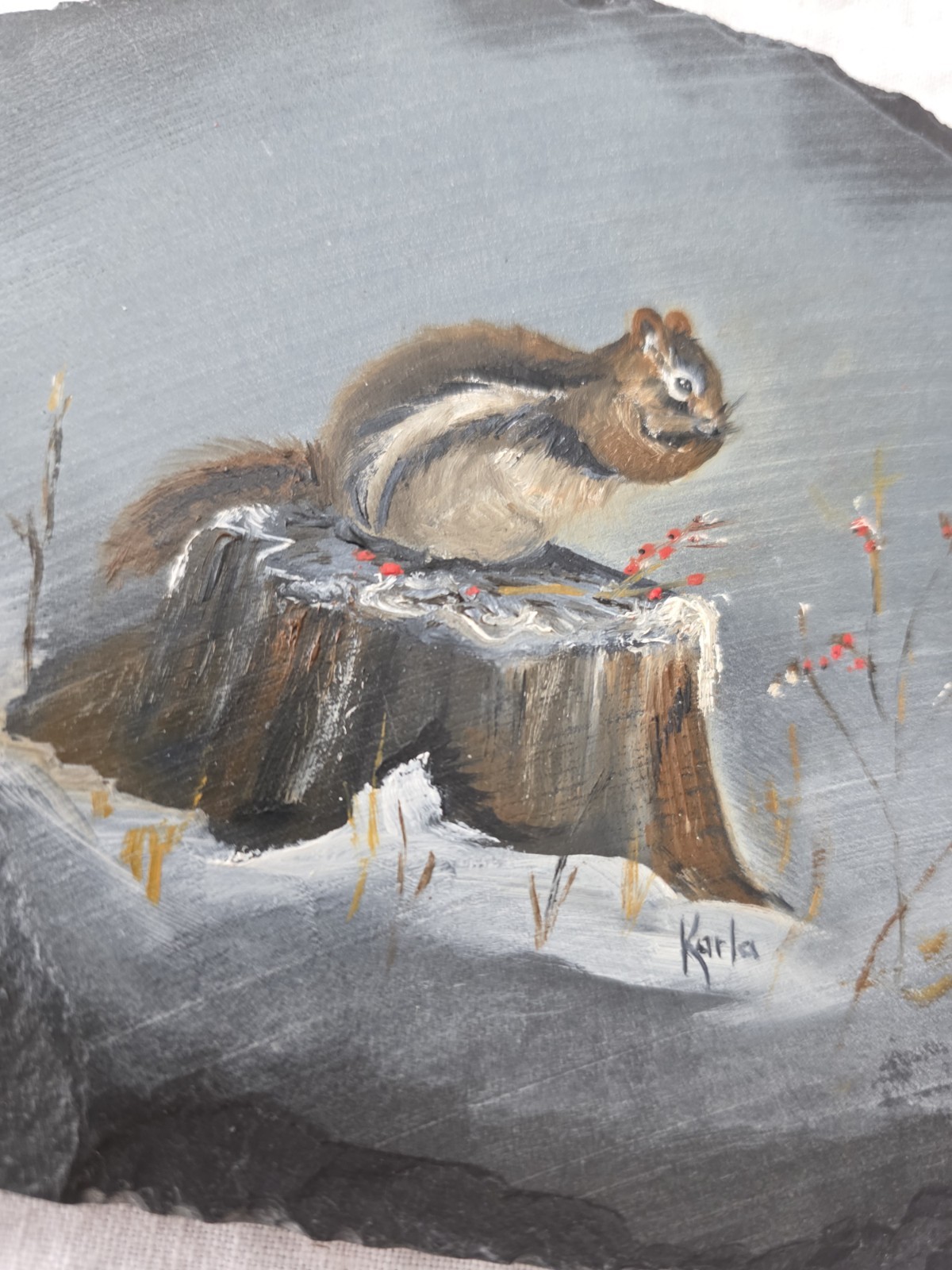 Chipmunk Vtg Signed Painting Hand Painted Art Slate Stone Slab Cottage Snow
