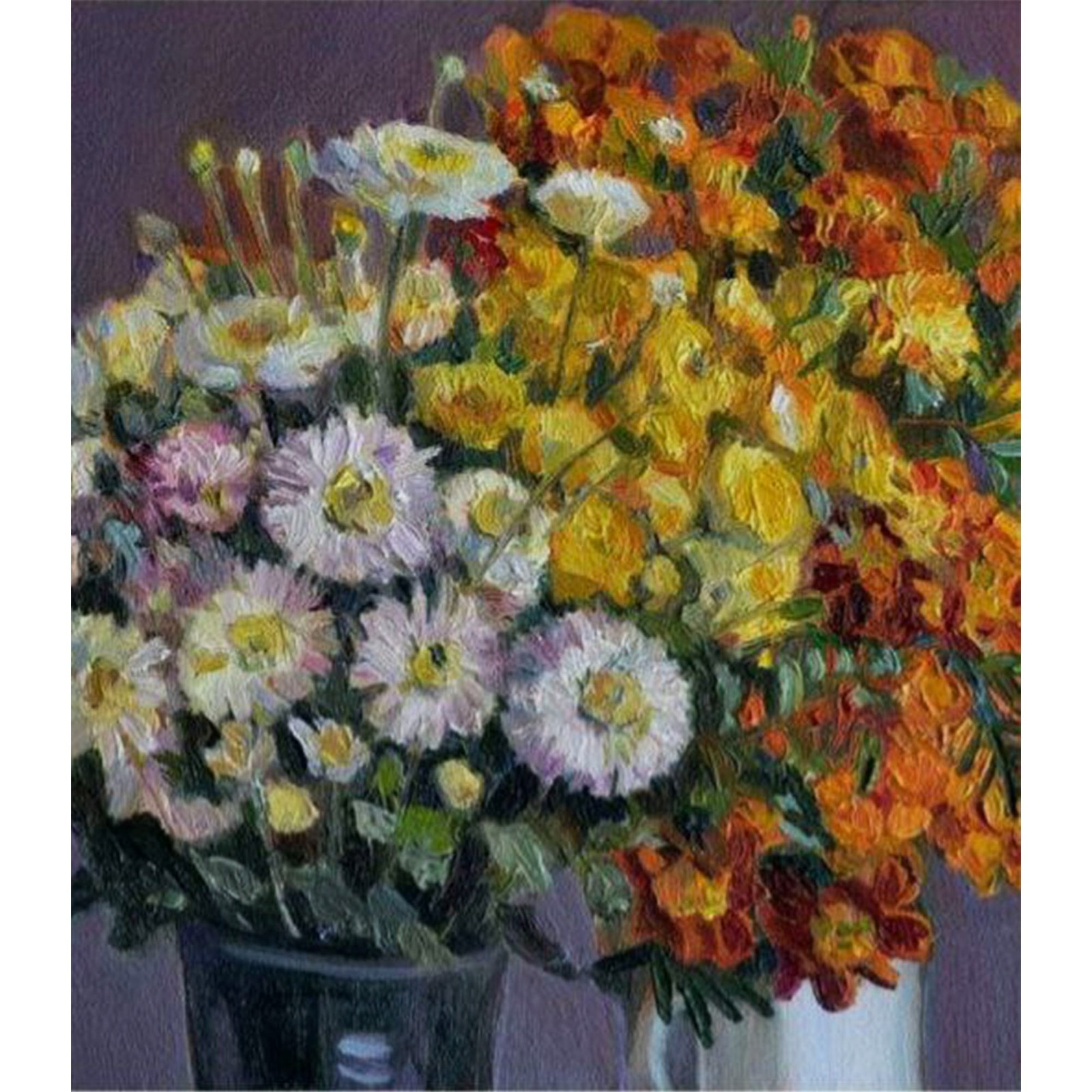 Yellow Chrysanthemums Bouquet Original Oil Painting on Canvas Signed Ukrainian