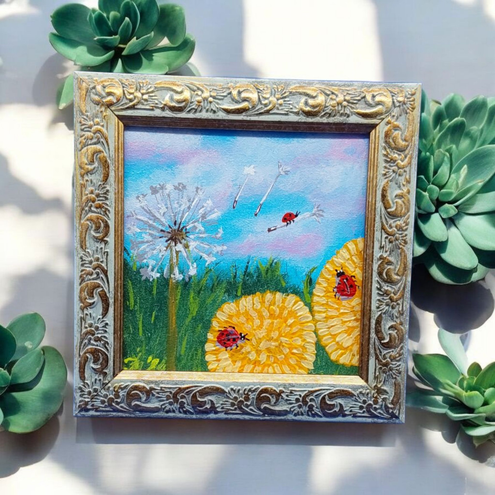 Wildflowers Dandelions ladybug Original Painting Small Gift Handmade Wall Art
