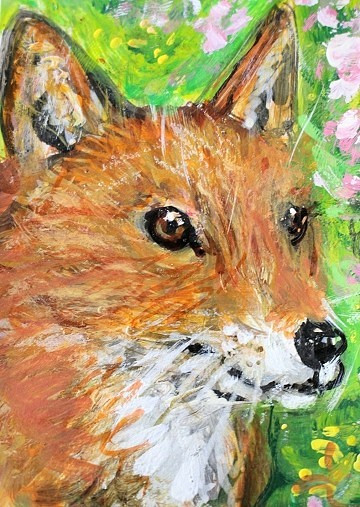 ORIGINAL ACEO Painting Red FOX Spring Flowers Landscape Animal Wild Nature ART