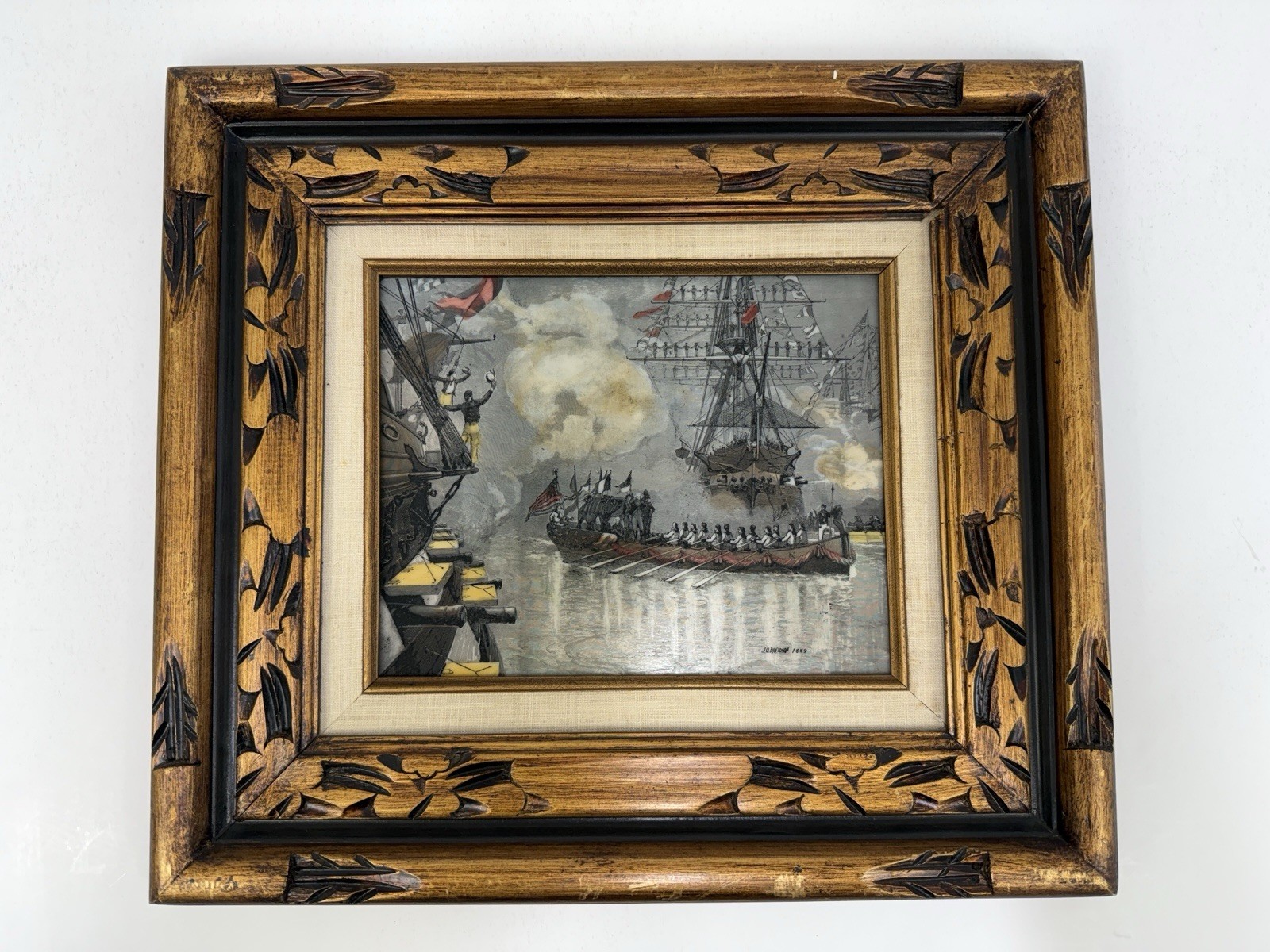 J.O. Davidson Washington State Barge Engraving 1889 Framed Hand Colored /roh