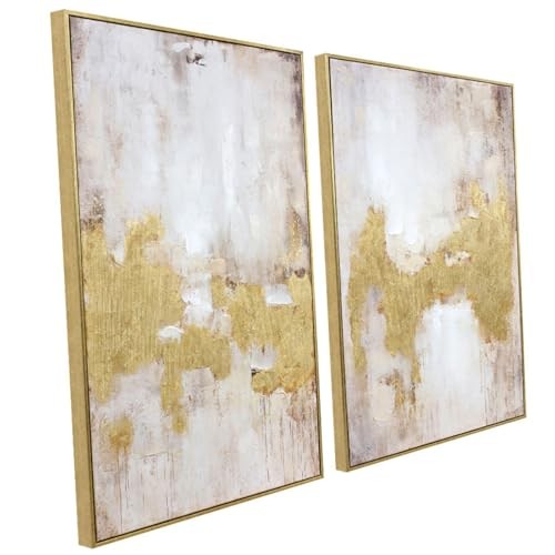 2 Piece Gold and Neutral Abstract 20″ x 28″ x 2 Panels Framed Gold Diptych 4