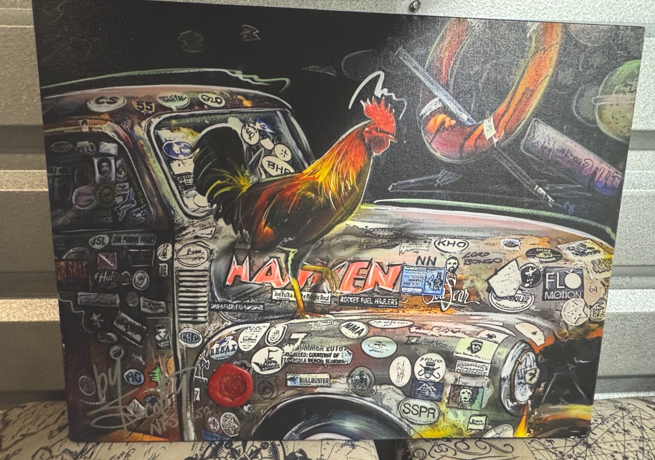 Scotty Ziegler Original Painting Cock A Doodle Key West BO’s Fish Wagon Art NFS