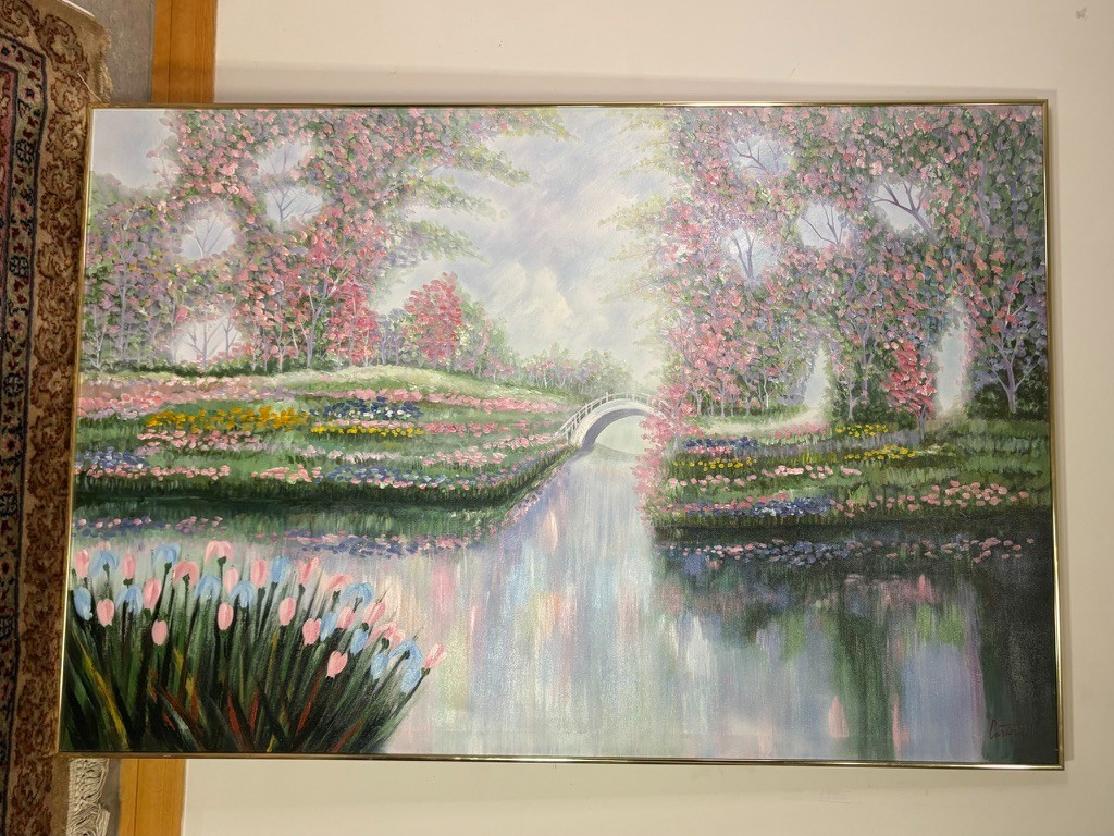 Impressionist Garden Landscape Acrylic Painting Framed Floral Park Scene XL 60″