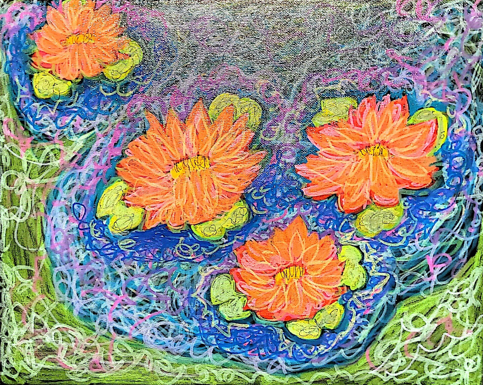 Colorful Water Lily Pond Painting Original Acrylic Floral Impressionist.