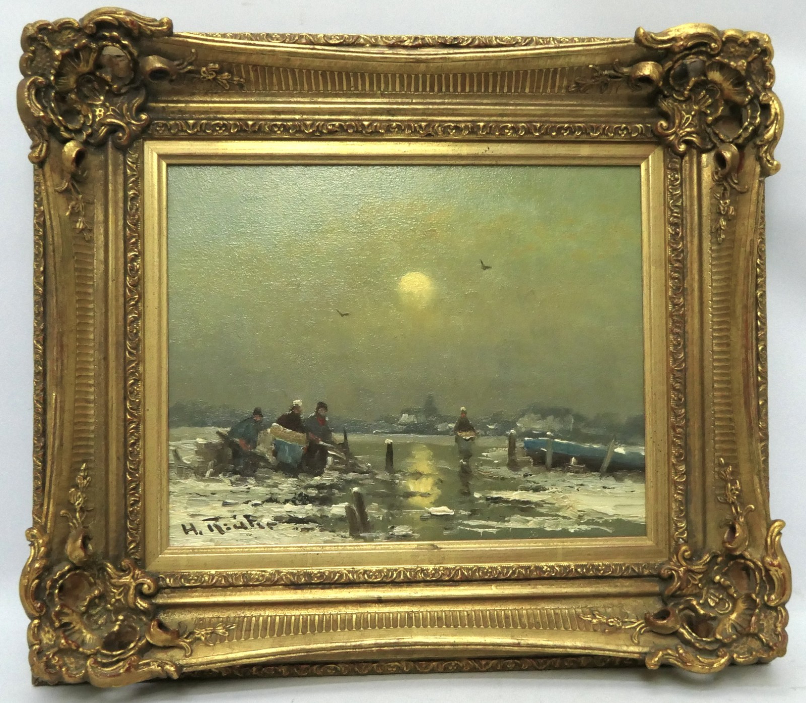 Oil painting «winter evening» Helmut Reuter Düsseldorf oil on wood 30.0 x 24.0 cm