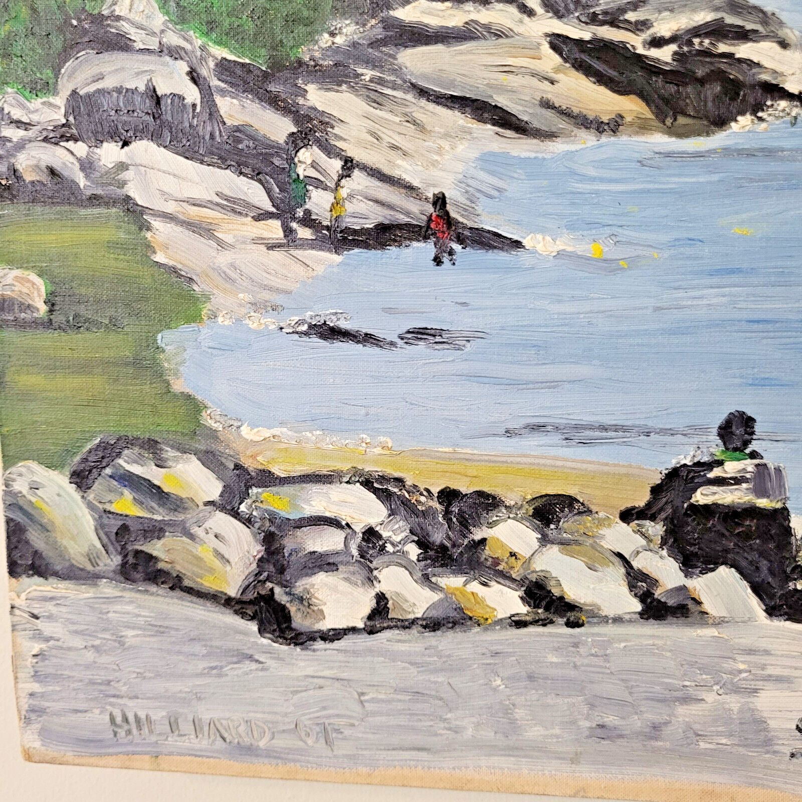 Vintage Lg Unframed Naive/Impressionist Painting People Relaxing at Lake 32×24
