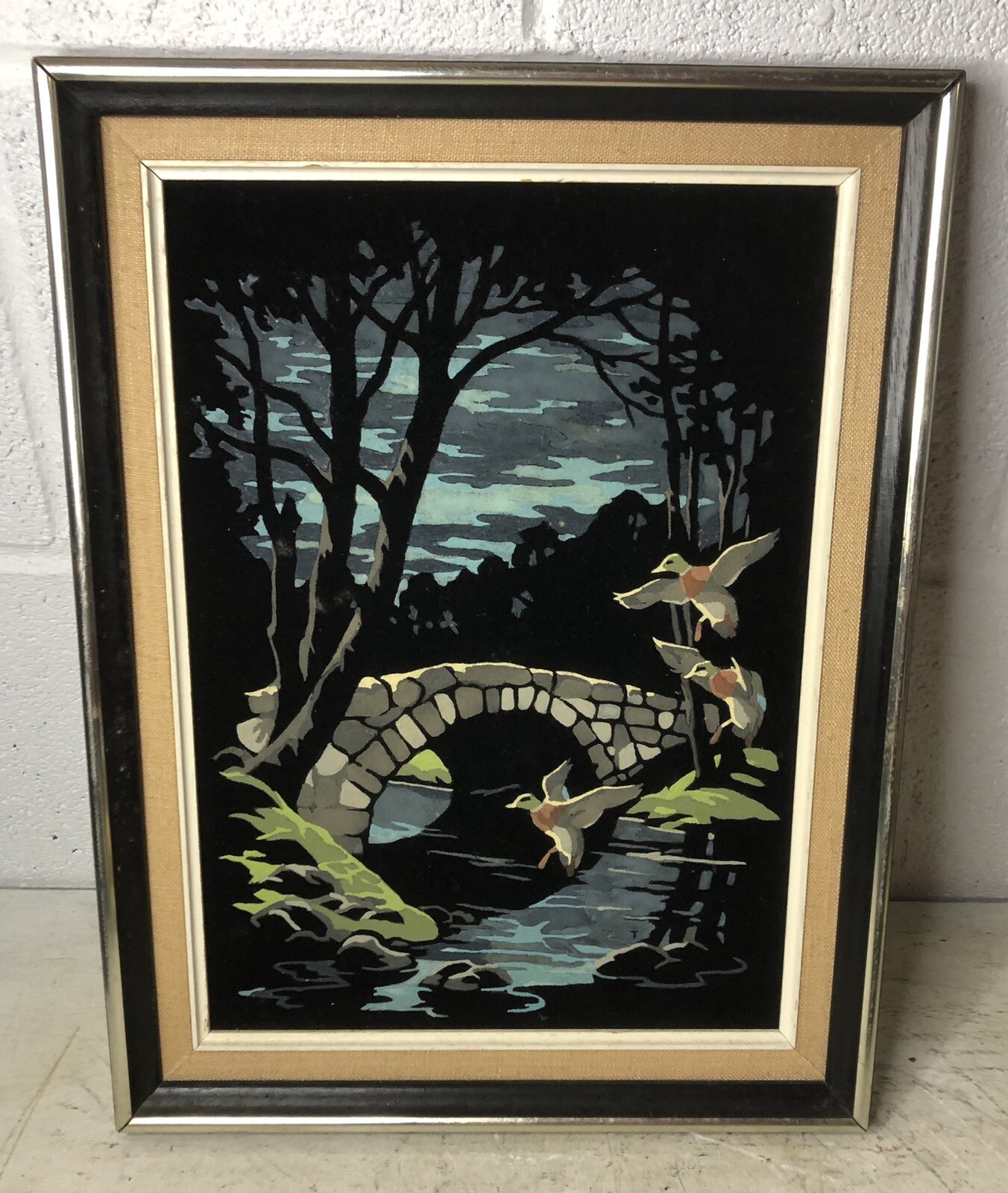 Vintage Retro Velvet Painting Ducks Stone Bridge Water Landscape Scene Framed