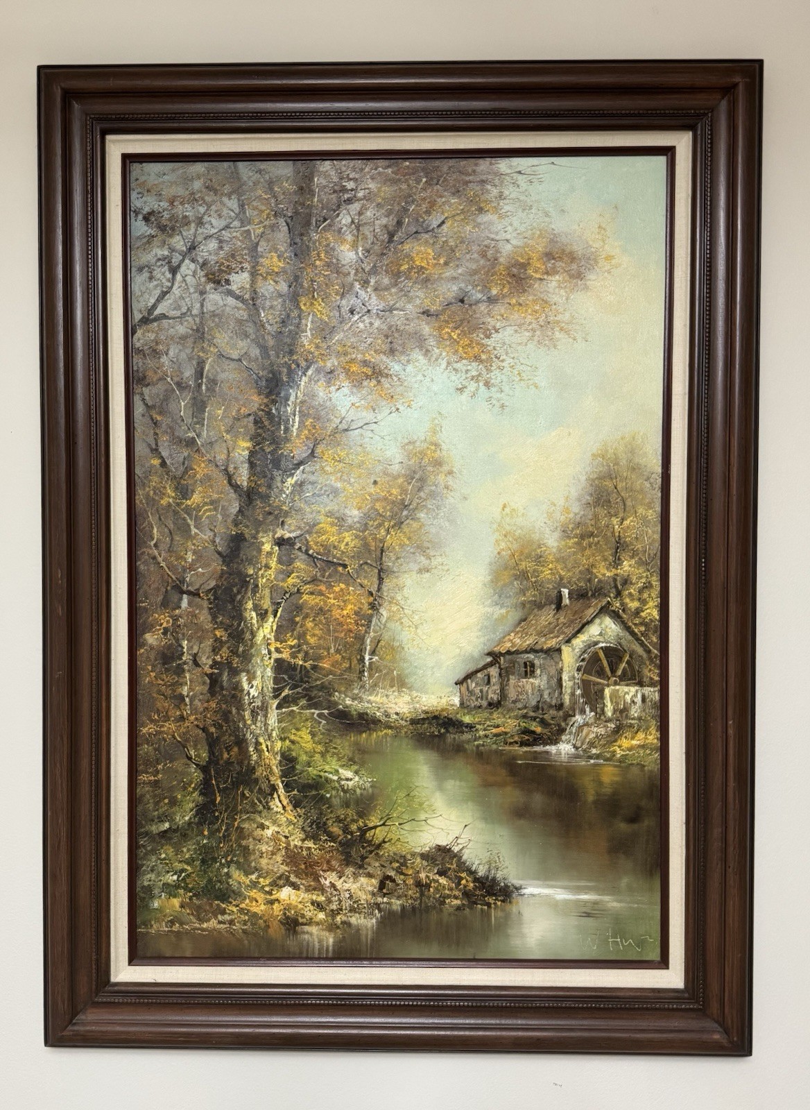 MCM Vintage Impressionist Traditional Forest Landscape With Watermill River Side