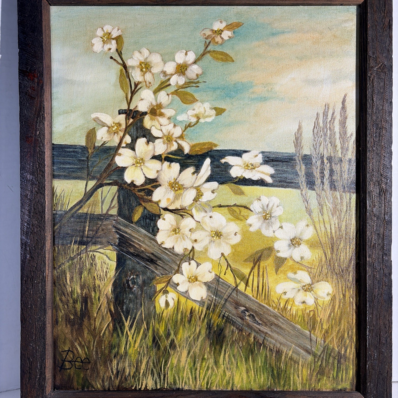 Vintage White Dogwood Blossoms Art Painting Flowers Rustic Botanical Landscape