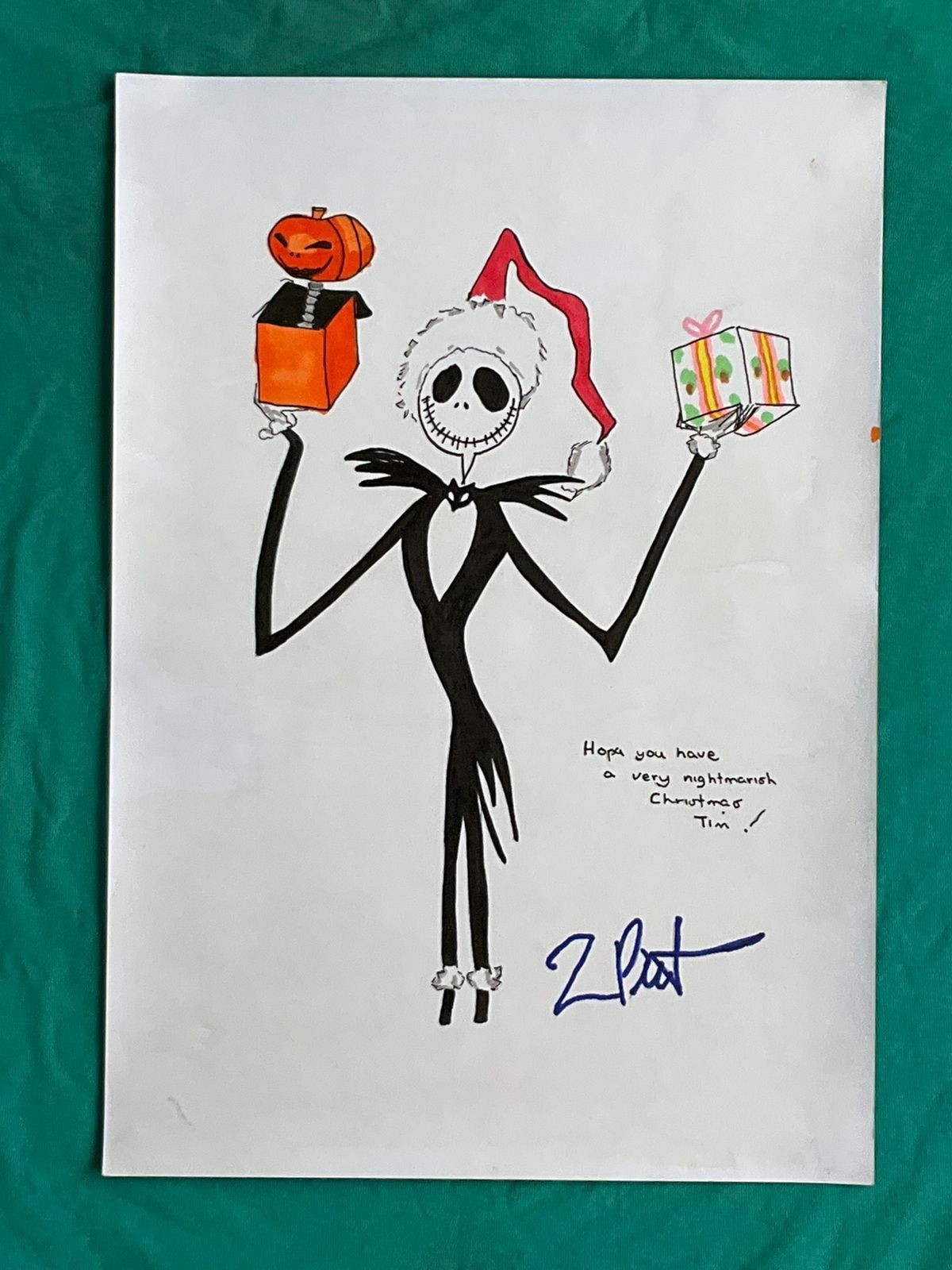 Tim Burton drawing and painting on old paper signed stamped vintage