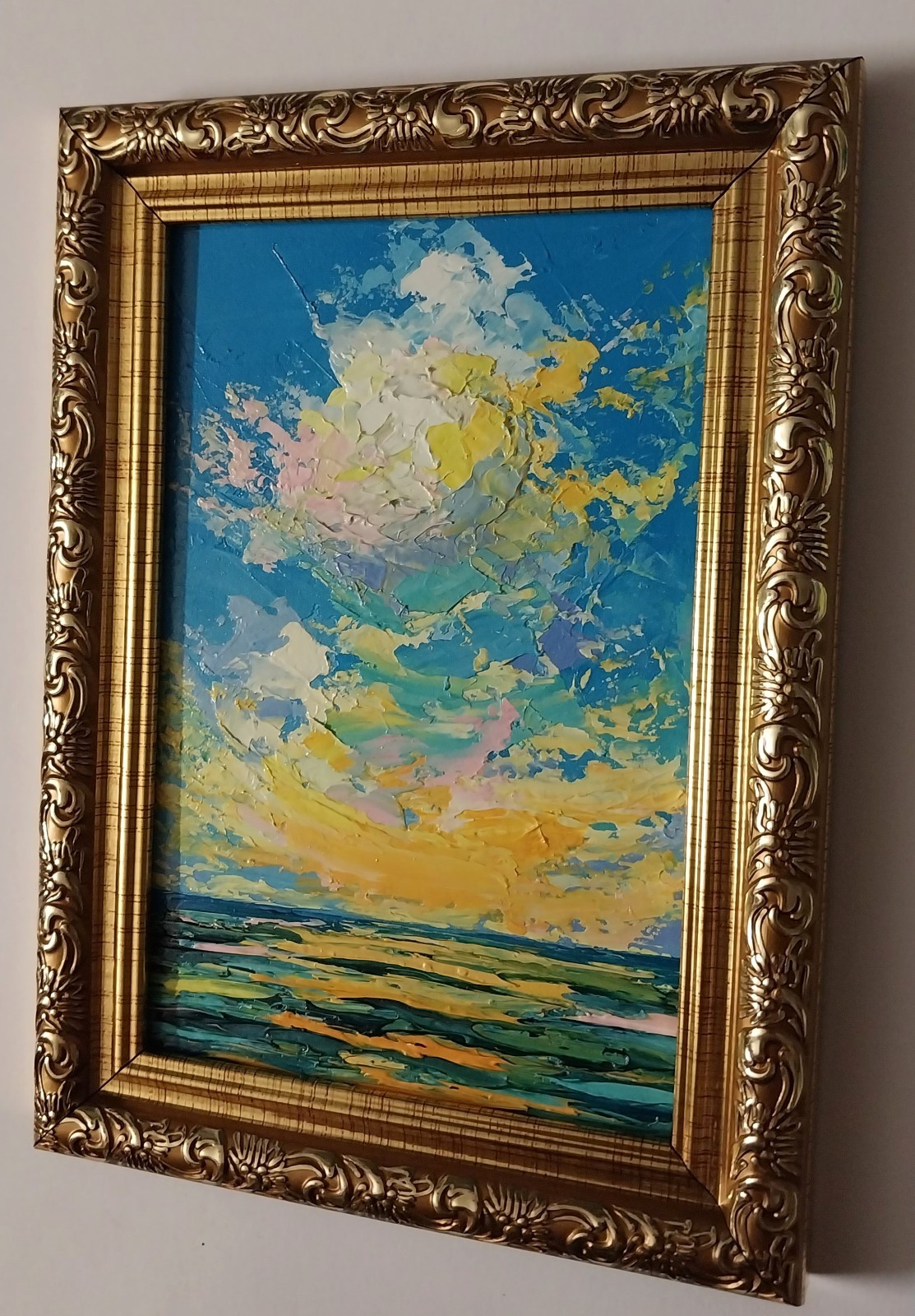 Framed Mini Seascape Golden Sunset Clouds Evening Sea 4×6” Original Oil Painting