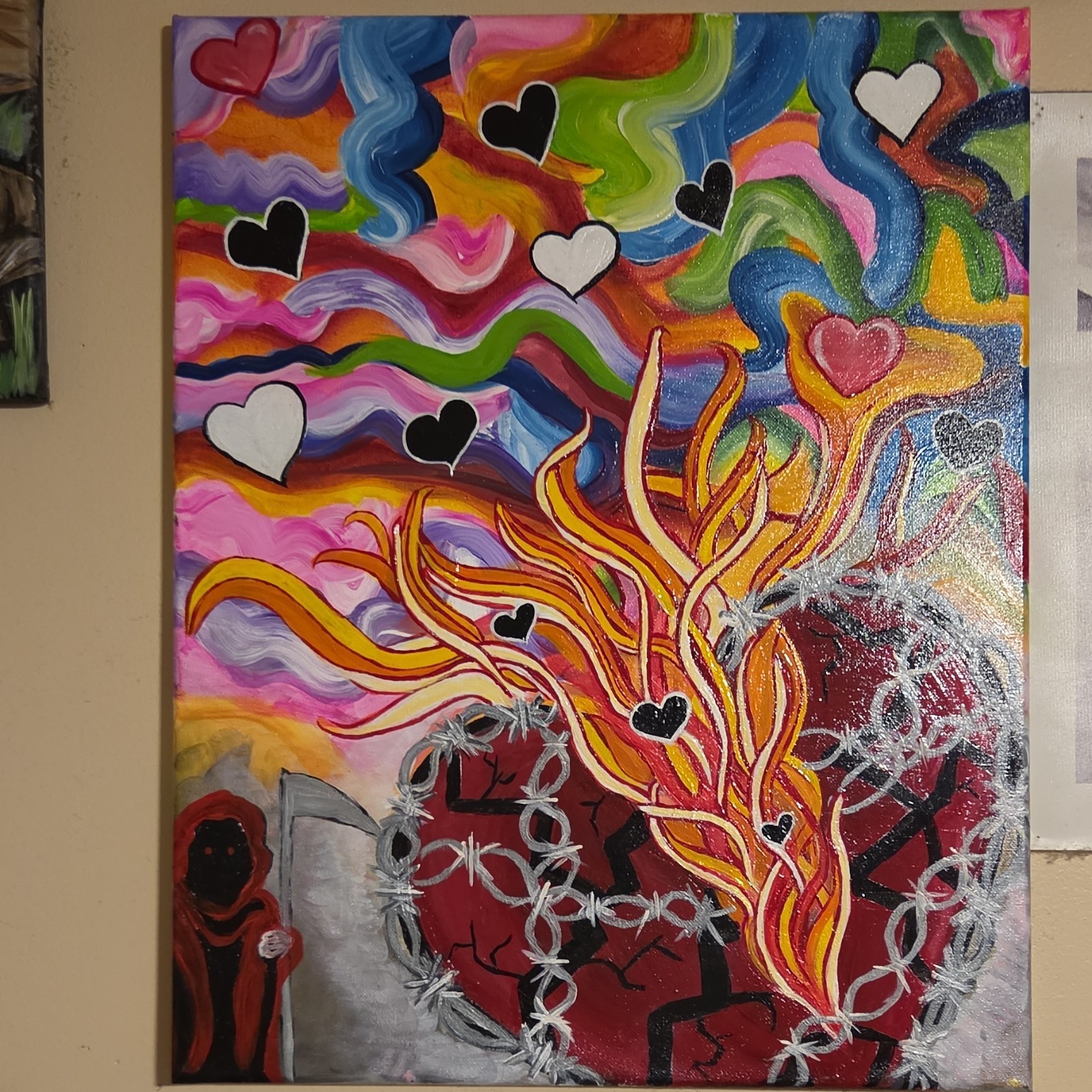 Hand-Painted Abstract Hearts Canvas Painting, Unframed Contemporary Wall Art