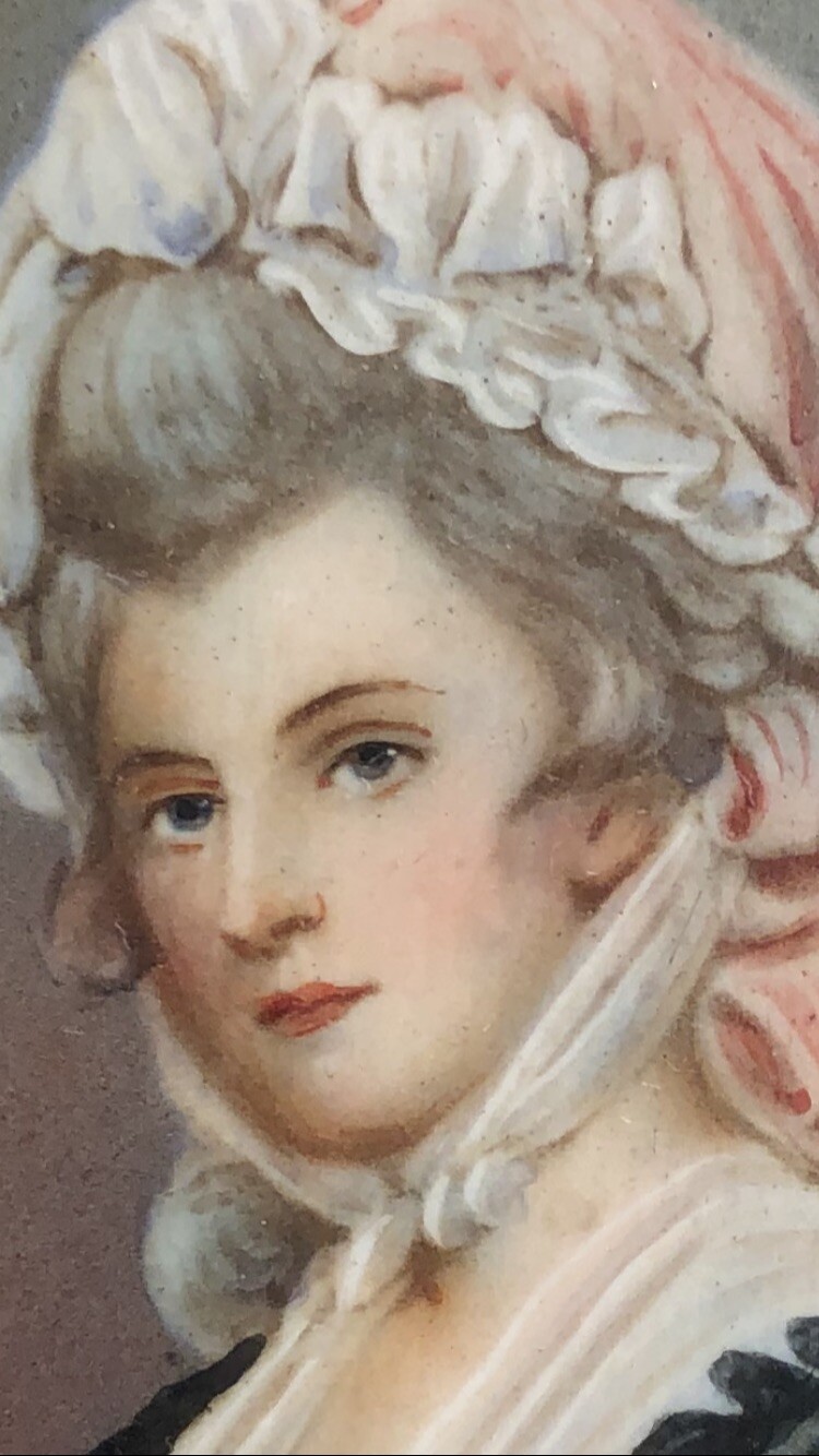 ANTIQUE MARTHA JEFFERSON? MINIATURE PAINTING FIRST LADY BONNET BURLED FRAME H P