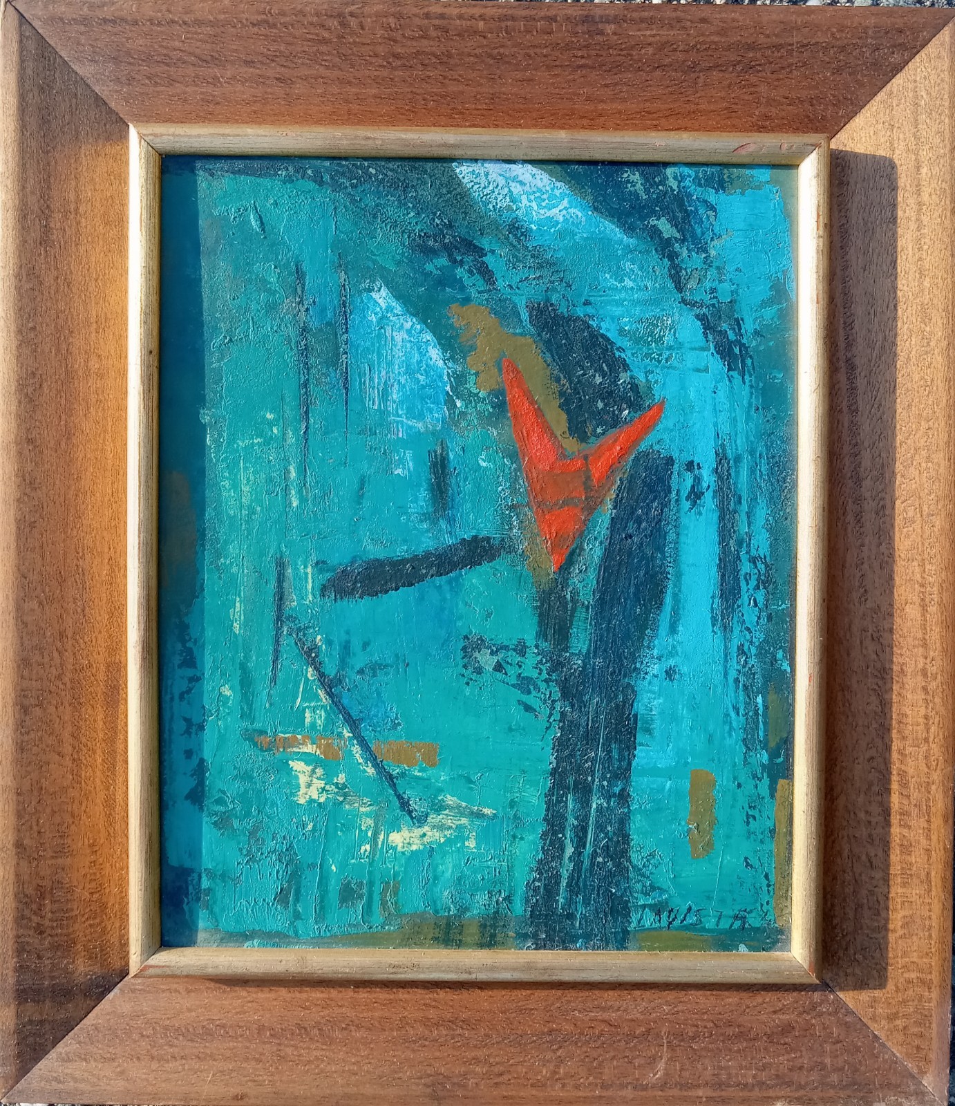 Mid Century Modernist Abstract Painting Teals Orange Signed Lavista 14×12″ Frame
