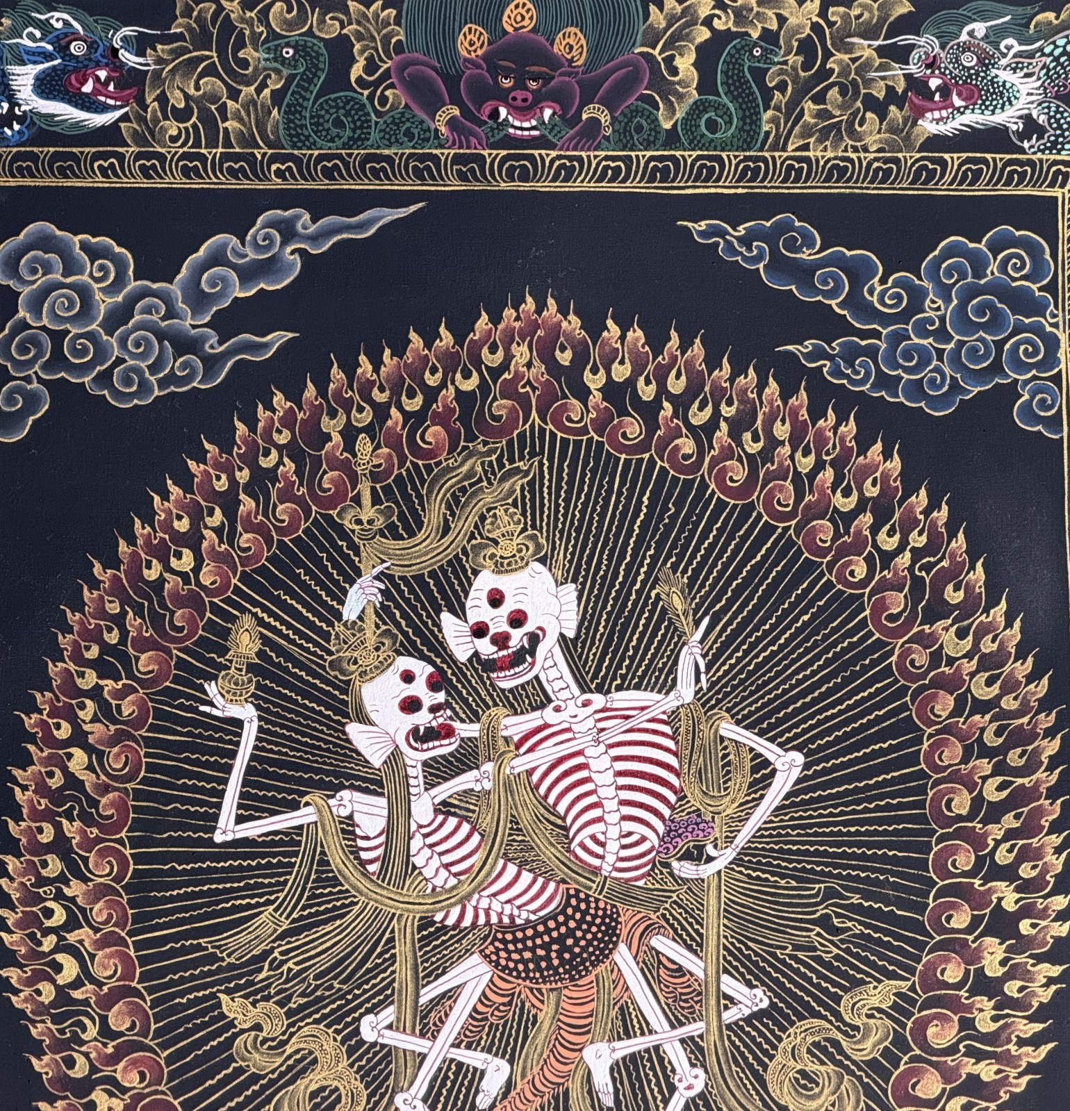 CITIPATI/ DANCING SKELETON/ HAPPY COUPLE OIL-VARNISHED TIBETAN THANGKA PAINTING