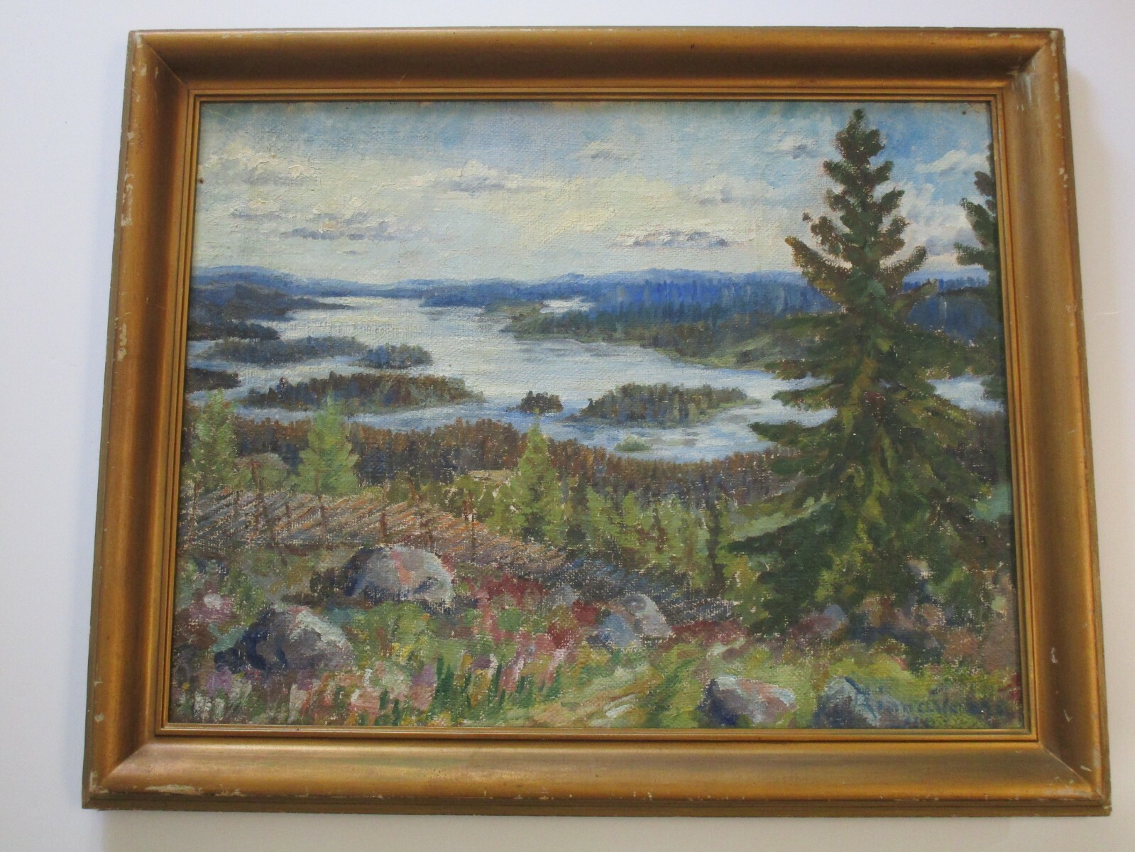 VINTAGE MOUNTAIN RANGE PAINTING IMPRESSIONISM ANTIQUE SIGNED HILL VIEW LAKE