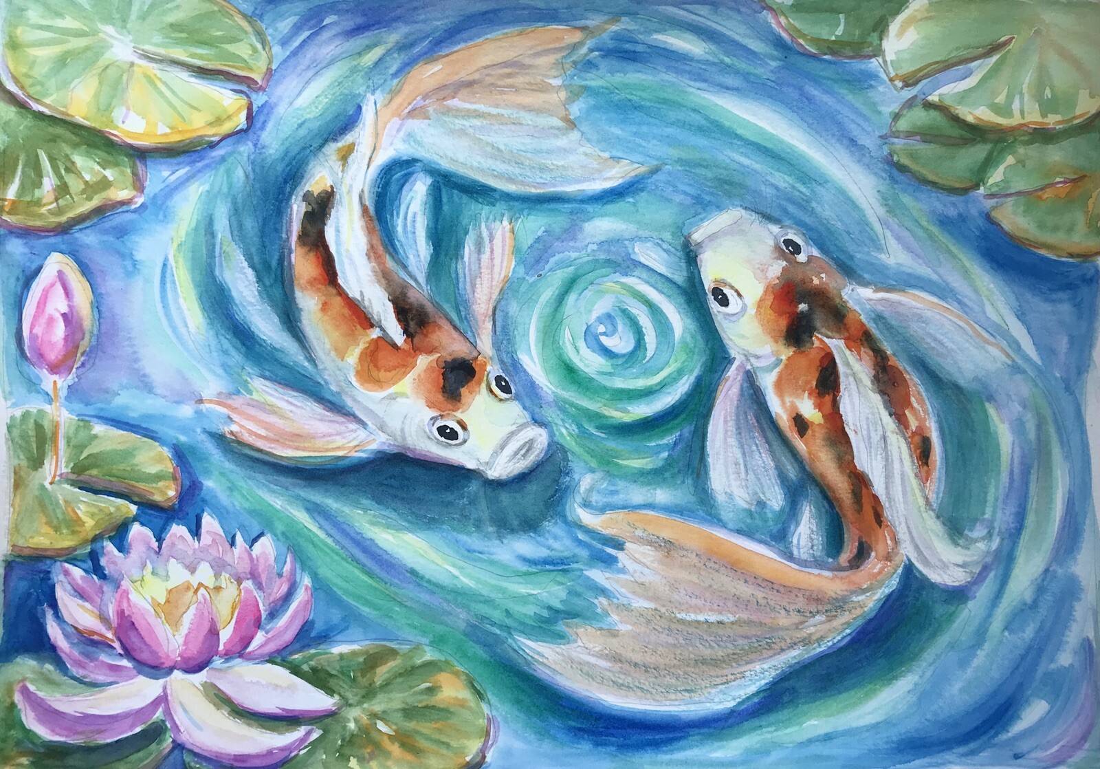 Dancing Koi Carp Fish, Lilly Wall Art. Original Watercolor 11,5″ x 16,5″
