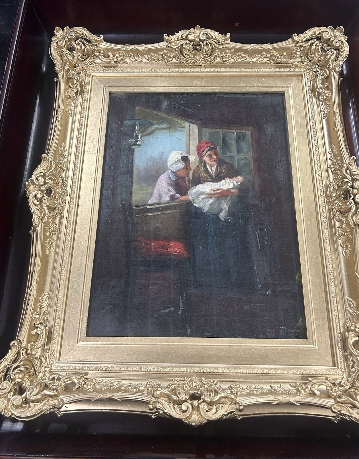 Antique Oil Painting Baby & Two Maidens Signed Gregory